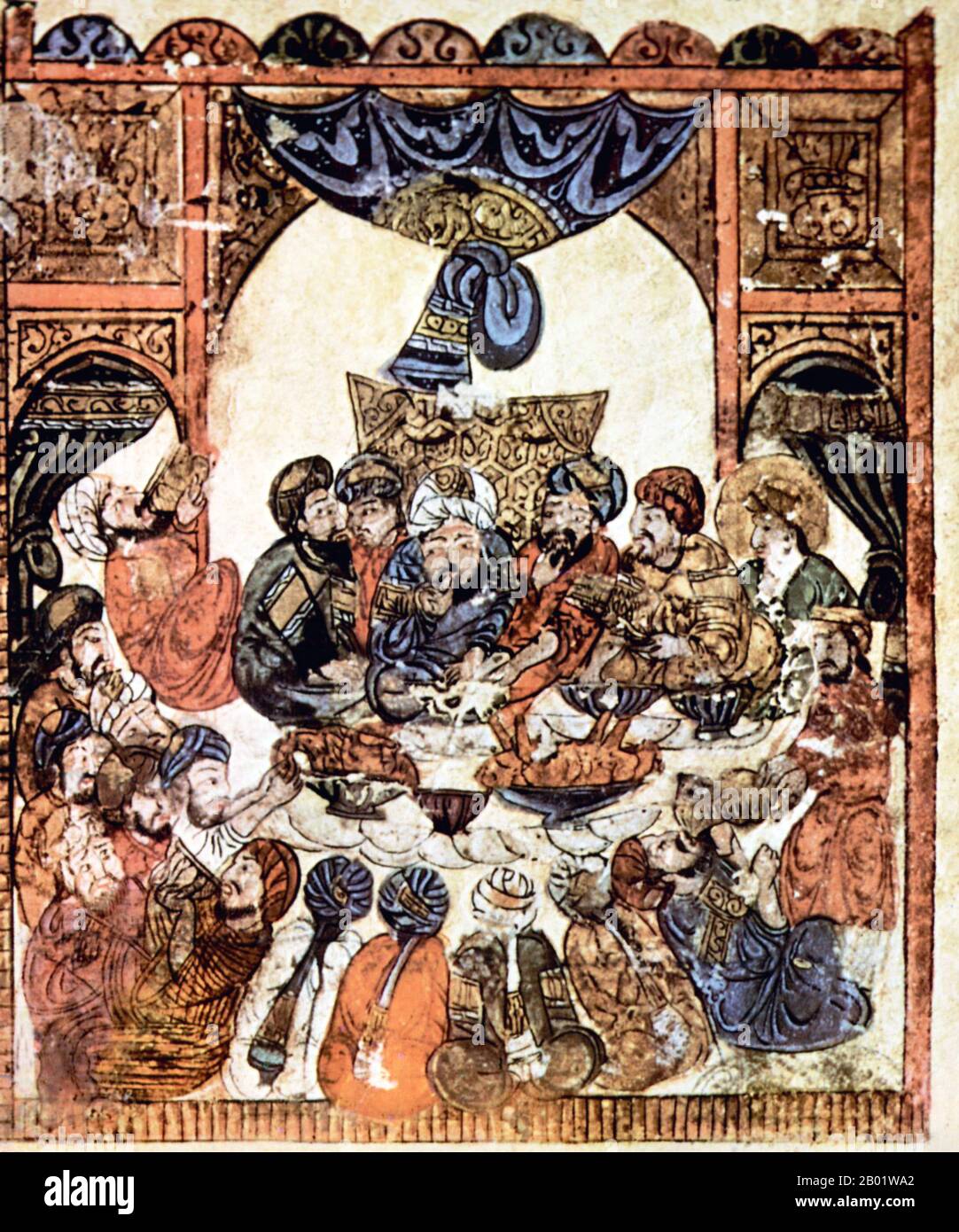 Iraq: Un banchetto di nozze. Pittura in miniatura dal 'Maqam' o 'Assemblea' di al-Hariri di Bassora, c. 1225-1235. Le Maqāma (letteralmente "assemblee") sono un genere letterario arabo (originariamente) di prosa rima con intervalli di poesia in cui la stravaganza retorica è evidente. Si dice che l'autore del X secolo Badī al-Zaman al-Hamadhāni abbia inventato la forma, che fu estesa da al-Hariri di Bassora nel secolo successivo. Entrambi gli autori maqāmāt si concentrano su figure ingannevoli le cui peregrinazioni e le cui gesta nel parlare alle assemblee dei potenti sono trasmesse da un narratore. Foto Stock