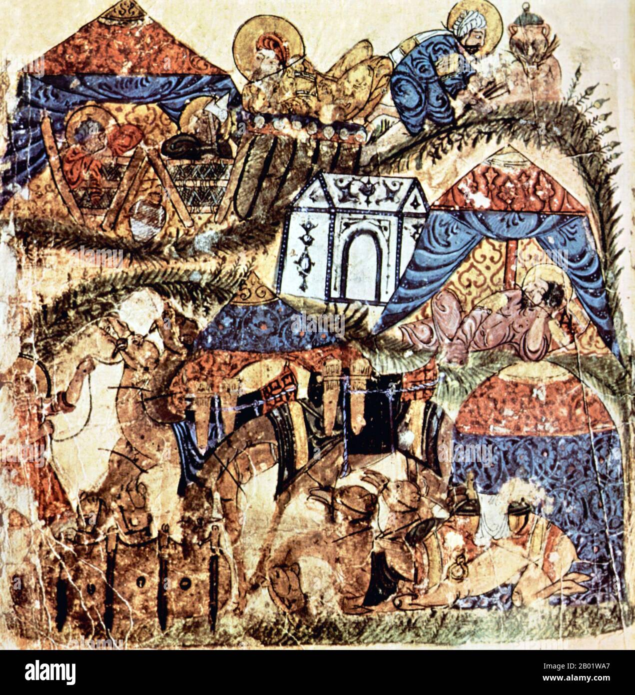 Iraq: Un posto di sosta per caravanserragli o carovane con tende per viaggiatori. Pittura in miniatura dal 'Maqam' o 'Assemblea' di al-Hariri di Bassora, c. 1225-1235. Le Maqāma (letteralmente "assemblee") sono un genere letterario arabo (originariamente) di prosa rima con intervalli di poesia in cui la stravaganza retorica è evidente. Si dice che l'autore del X secolo Badī al-Zaman al-Hamadhāni abbia inventato la forma, che fu estesa da al-Hariri di Bassora nel secolo successivo. Foto Stock