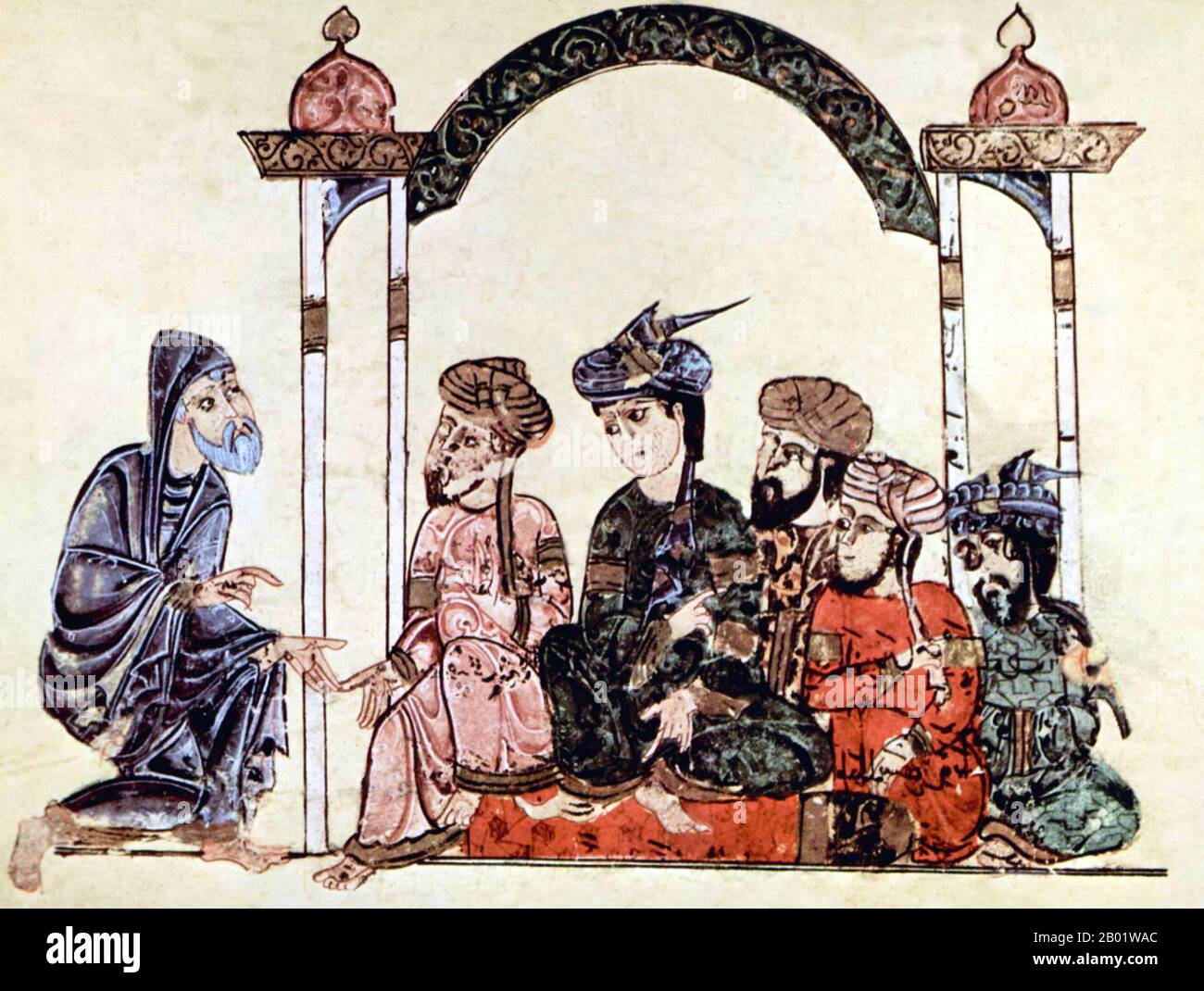 Iraq: Abu Zaid parla ad un raduno a Najran. Pittura in miniatura dal 'Maqam' o 'Assemblea' di al-Hariri di Bassora, c. 1225-1235. Le Maqāma (letteralmente "assemblee") sono un genere letterario arabo (originariamente) di prosa rima con intervalli di poesia in cui la stravaganza retorica è evidente. Si dice che l'autore del X secolo Badī al-Zaman al-Hamadhāni abbia inventato la forma, che fu estesa da al-Hariri di Bassora nel secolo successivo. Entrambi gli autori maqāmāt si concentrano su figure ingannevoli le cui peregrinazioni e le cui gesta nel parlare alle assemblee dei potenti sono trasmesse da un narratore. Foto Stock