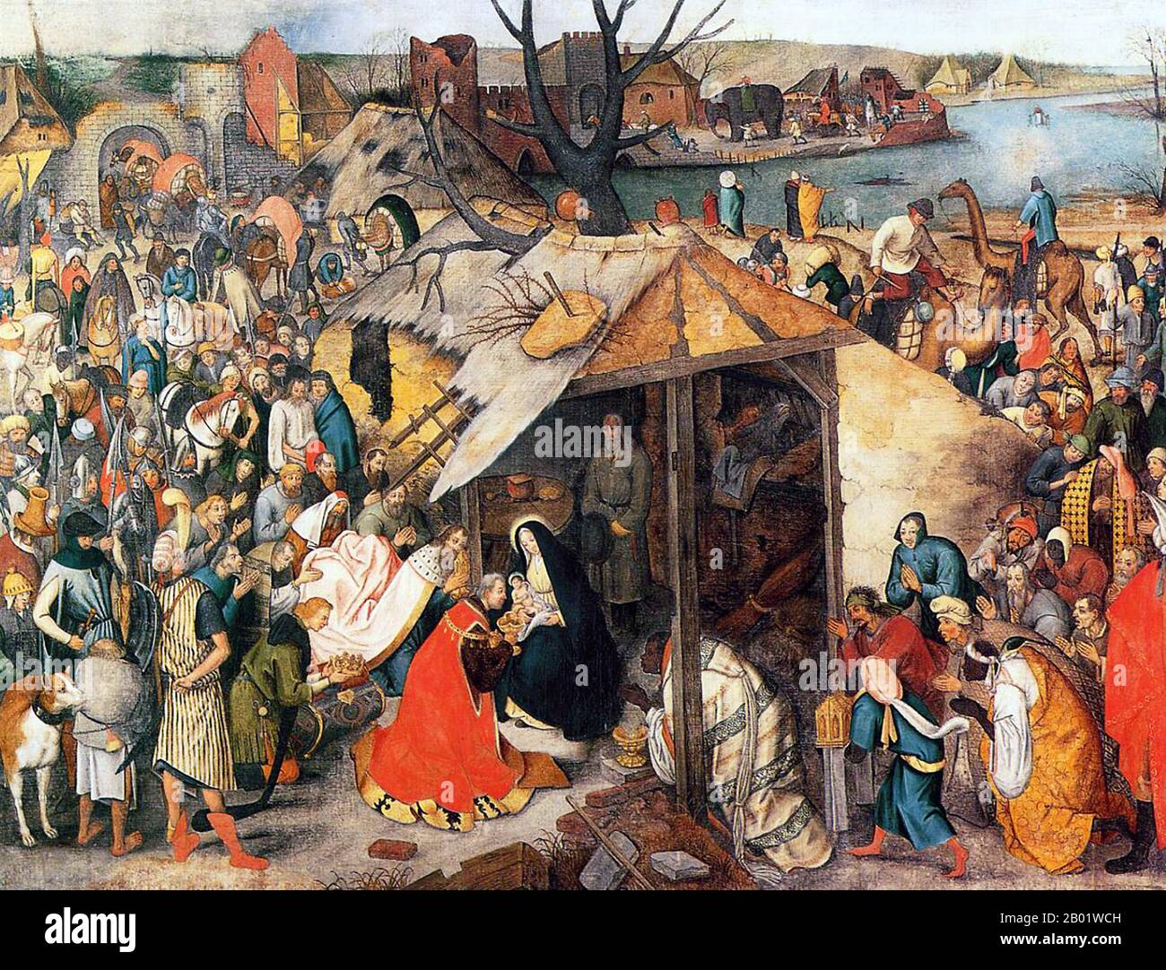 Olanda/Paesi Bassi: "L'Adorazione dei Magi". Tempera su tela dipinto di Pieter Bruegel il Vecchio (1526 - 9 settembre 1569), c. 1556. Pieter Bruegel (Brueghel) il Vecchio era un pittore e incisore fiammingo del Rinascimento noto per i suoi paesaggi e le scene contadine. A volte viene chiamato "contadino Bruegel" per distinguerlo dagli altri membri della dinastia Brueghel, ma è anche quello generalmente inteso quando il contesto non chiarisce a quale Brueghel si riferisca. Dal 1559 lasciò cadere la "h" dal suo nome e firmò i suoi dipinti come Bruegel. Foto Stock