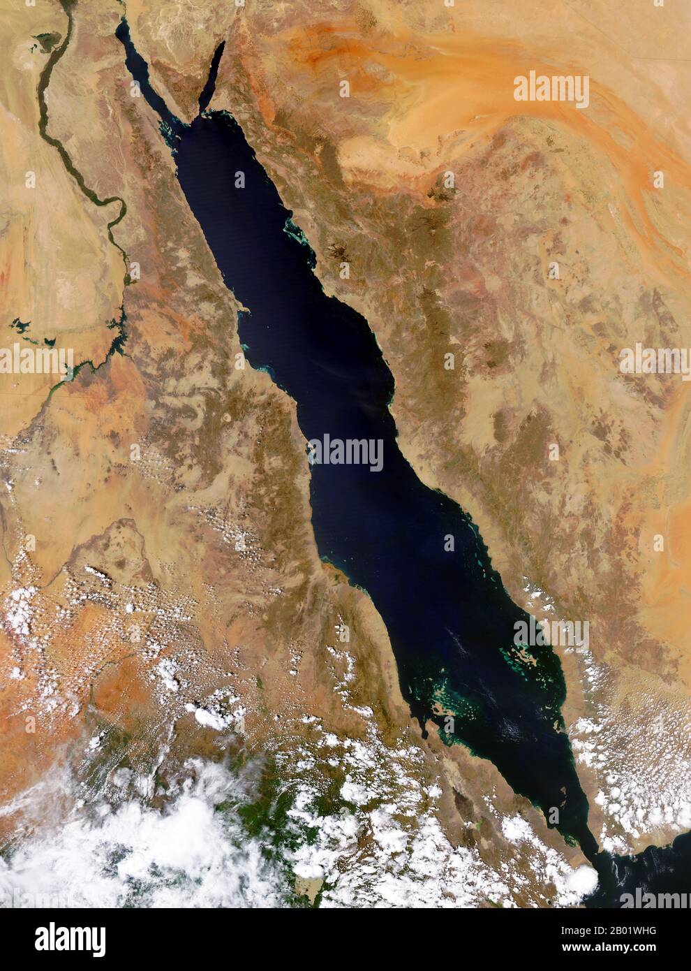 Penisola arabica/Medio Oriente: Immagine orbitale della NASA dell'area del Mar Rosso, 29 settembre 2004. Immagine satellitare della zona del Mar Rosso comprendente (in senso orario dall'alto) parte o tutti i territori di Israele, Giordania, Arabia Saudita, Yemen, Gibuti, Eritrea, Etiopia, Sudan del Sud, Sudan ed Egitto. Foto Stock