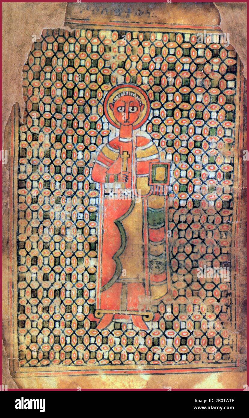 Etiopia: San Matteo come rappresentato in un Vangelo etiope, XIV secolo. Il cristianesimo in Etiopia risale al i secolo d.C. e questa lunga tradizione rende l'Etiopia unica tra i paesi dell'Africa sub-sahariana. Il cristianesimo in questo paese è diviso in diversi gruppi. La più grande e più antica è la Chiesa ortodossa etiope Tewahedo, una chiesa ortodossa orientale in Etiopia che faceva parte della Chiesa ortodossa copta fino al 1959, quando le fu concesso un proprio patriarca dal Papa ortodosso copto di Alessandria e dal Patriarca di tutta l'Africa Cirillo vi Foto Stock