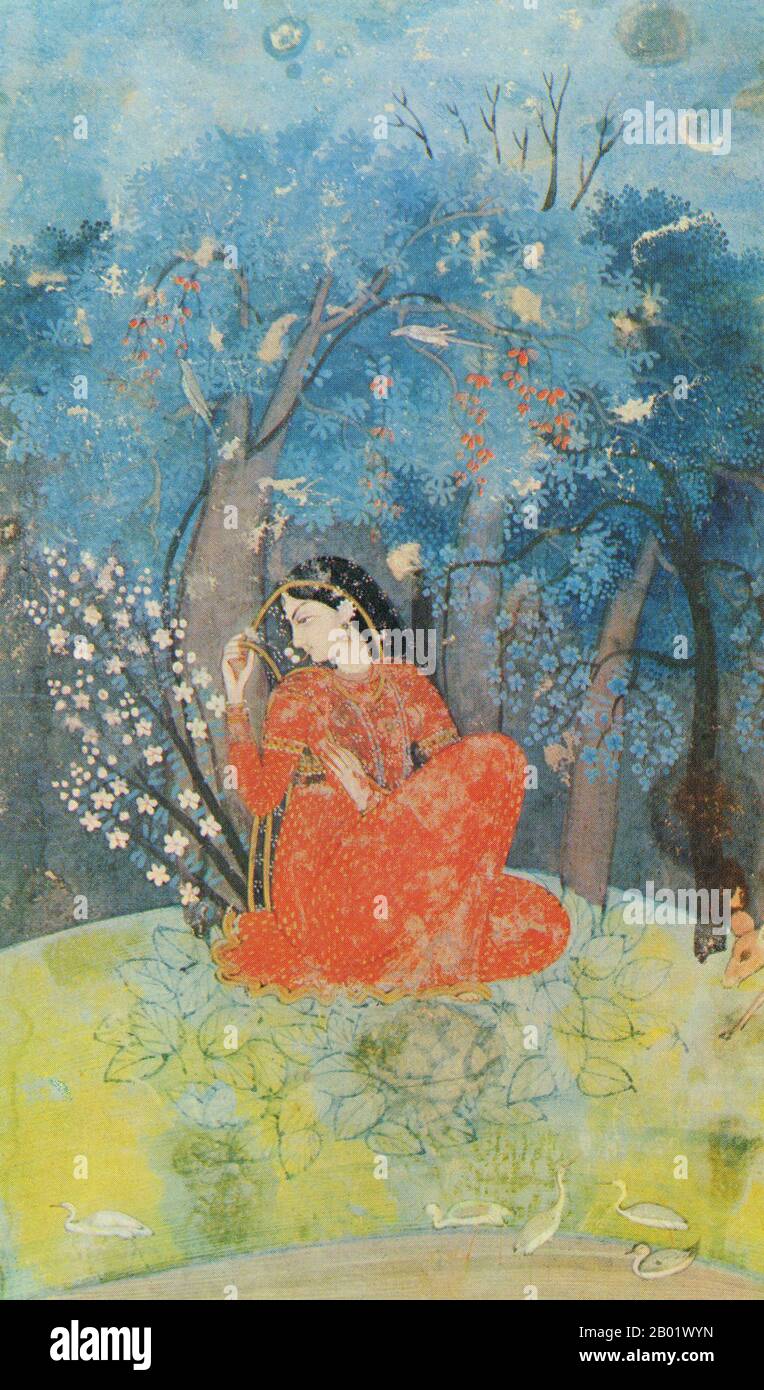 India: Una donna che aspetta il suo amante. Dalla Utka Nayika, Kangra School, c. 1775-1780. La pittura indiana ha una lunga tradizione e storia nell'arte indiana. I primi dipinti indiani furono i dipinti rupestri di epoca preistorica, i petroglifi trovati in luoghi come Bhimbetka, alcuni dei quali risalenti a prima del 5500 a.C. La letteratura buddista indiana è piena di esempi di testi che descrivono palazzi di re e la classe aristocratica impreziosita da dipinti, ma i dipinti delle Grotte di Ajanta sono i più significativi dei pochi sopravvissuti. Foto Stock