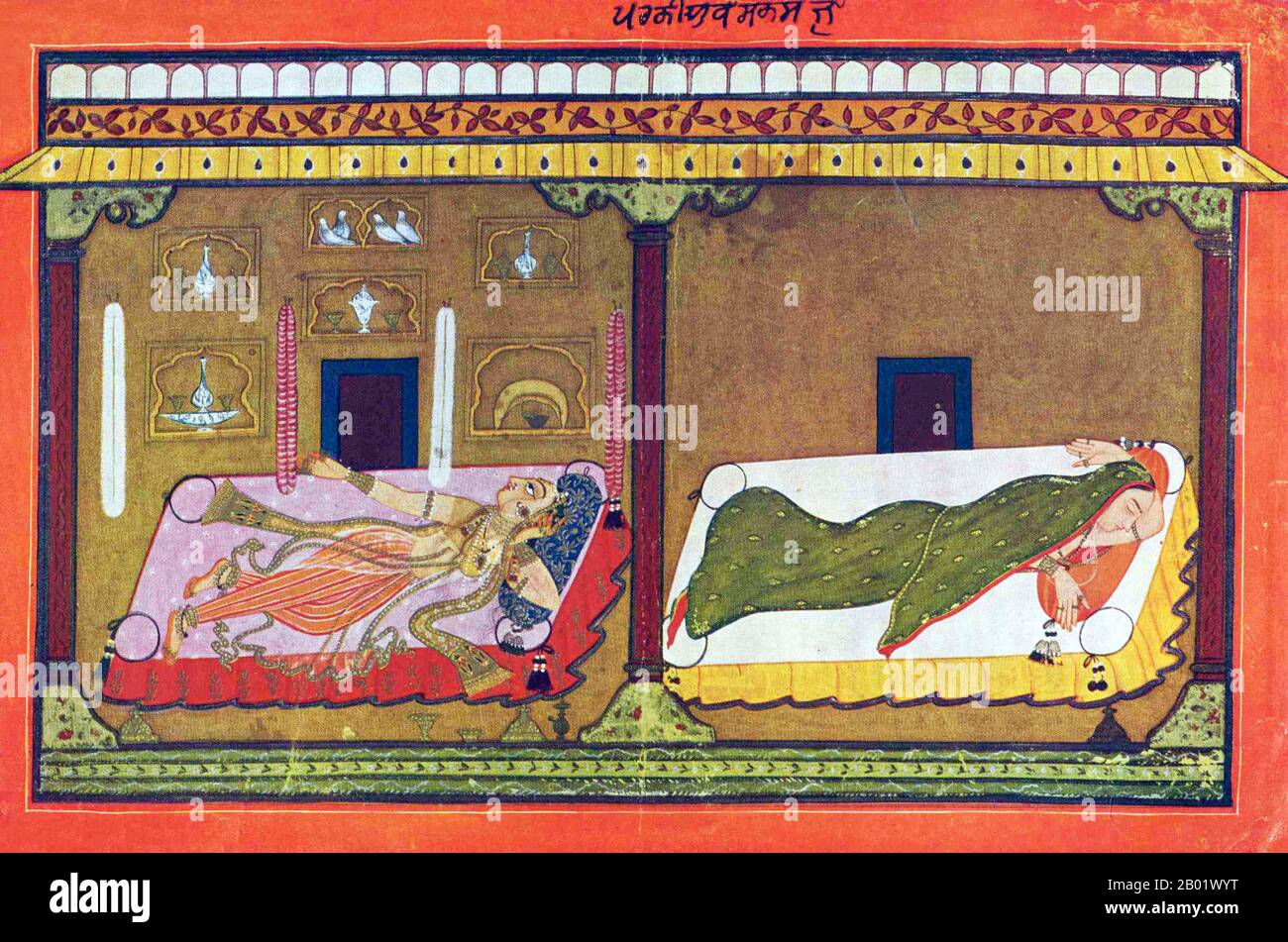 India: "Parakiya Vasakasajja Nayika (colei che prepara e attende il suo amante)". Pittura in miniatura dal Rasamanjari di Devidas, Bashohli School, 1695. Bashohli (Basoli) è una città indiana situata nel distretto di Kathua nello stato del Jammu e del Kashmir. Si trova sulla riva destra del fiume Ravi ad un'altitudine di circa 571 metri. E fu fondata da Raja Bhupat Pal nel 1635. La città è famosa per i suoi dipinti chiamati dipinti Basohli. Sono considerati la prima scuola di dipinti Pahari, che a metà del XVIII secolo si era evoluta nella prolifica scuola di pittura Kangra. Foto Stock India: "Parakiya Vasakasajja Nayika (colei che prepara e attende il suo amante)". Pittura in miniatura dal Rasamanjari di Devidas, Bashohli School, 1695. Bashohli (Basoli) è una città indiana situata nel distretto di Kathua nello stato del Jammu e del Kashmir. Si trova sulla riva destra del fiume Ravi ad un'altitudine di circa 571 metri. E fu fondata da Raja Bhupat Pal nel 1635. La città è famosa per i suoi dipinti chiamati dipinti Basohli. Sono considerati la prima scuola di dipinti Pahari, che a metà del XVIII secolo si era evoluta nella prolifica scuola di pittura Kangra. Foto Stock