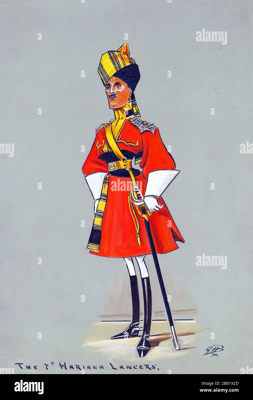 India: Ufficiale del 7th Hariana Lancers. Pittura gouache in stile caricatura di Godfrey Herbert Brennan (1875-1948), 1909. Il 7th Hariana Lancers fu formato nel 1846 come reggimento di cavalleria irregolare del Bengala, radunato a Meerut e Cawnpore dal capitano Liptrott. Il reggimento fu creato dopo la prima guerra sikh in previsione dell'inizio della seconda guerra. Quando scoppiò la seconda guerra sikh, non furono coinvolti in alcun combattimento ma si trovarono nella forza di riserva. Nel 1857, quando scoppiò la ribellione indiana, erano di stanza sulla frontiera nord-occidentale e rimasero fedeli. Foto Stock