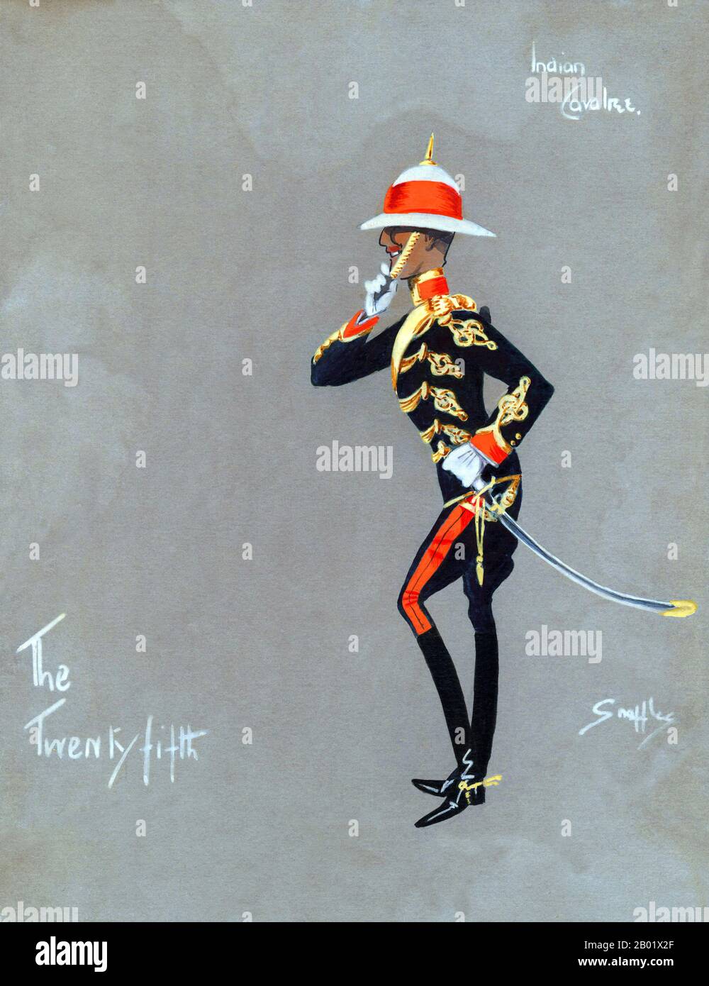 India: Ufficiale indiano "Cavalree" del venticinquesimo. Pittura gouache in stile caricatura di Charles 'Snaffles' Johnson Payne (1884-1967), 1910. La 25th Cavalry (Frontier Force) fu creata dal capitano Robert Fitzgerald come 5th Punjab Irregular Cavalry a Multan nel 1849. Durante l'ammutinamento indiano essi facevano parte dell'esercito assediante a Delhi e presero parte al soccorso di Lucknow. Uno squadrone combatté a Bareilly, dove due dei suoi ufficiali indiani vinsero l'ordine dell'India britannica e altri nove ranghi ricevettero l'ordine al merito indiano. Foto Stock