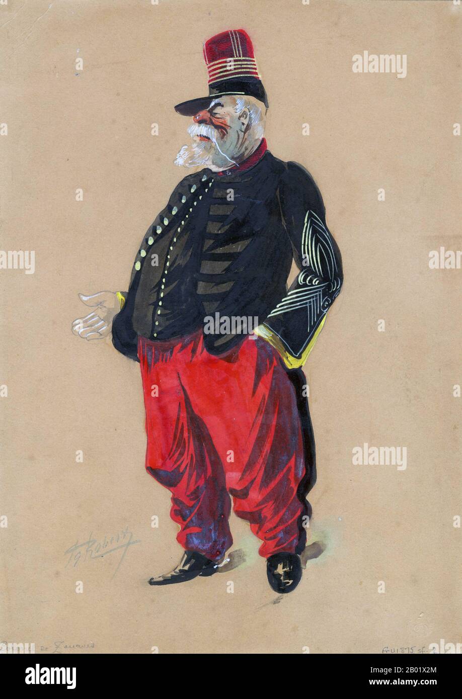 Francia: Colonnello des Zouaves - colonnello degli Zouaves. Caricatura acquerello di E. G. Robert, Parigi, c. 1875 Zouave era il titolo dato ad alcuni reggimenti di fanteria leggera dell'esercito francese, che servivano normalmente nel Nord Africa francese tra il 1831 e il 1962. Il nome fu adottato anche durante il XIX secolo da unità di altri eserciti, in particolare da reggimenti volontari reclutati per il servizio nella guerra civile americana. Le principali caratteristiche distintive di tali unità erano l'uniforme zouave, che includeva giacche corte aperte, pantaloni larghi e spesso fasce e copricapo orientale. Foto Stock