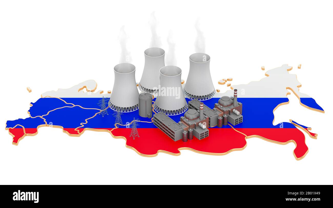 Centrali nucleari in Russia, resa 3D isolata su sfondo bianco Foto Stock