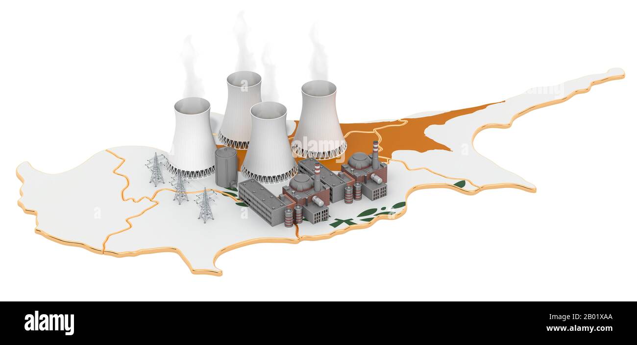 Centrali nucleari a Cipro, resa 3D isolata su sfondo bianco Foto Stock