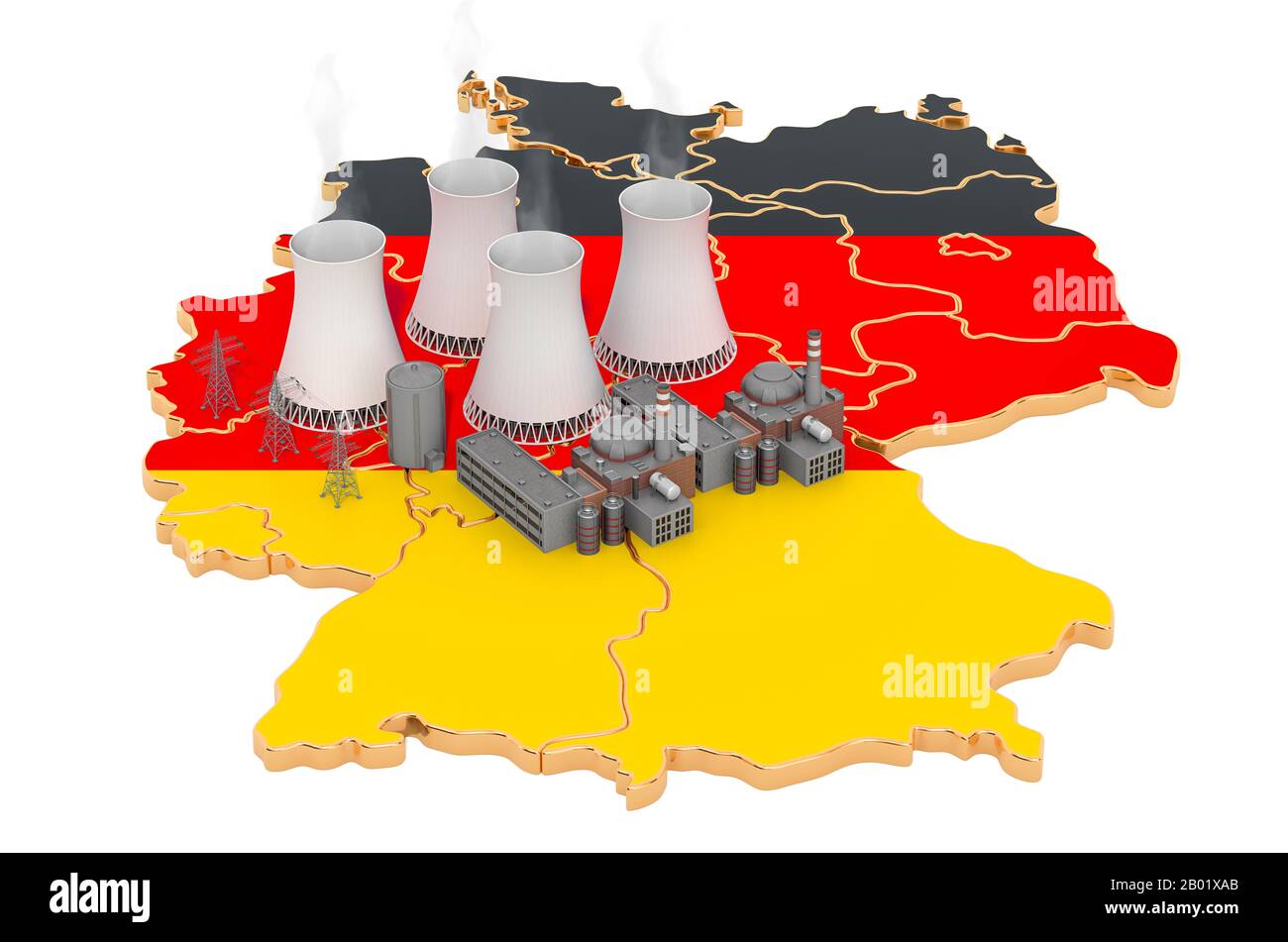 Centrali nucleari in Germania, resa 3D isolata su sfondo bianco Foto Stock