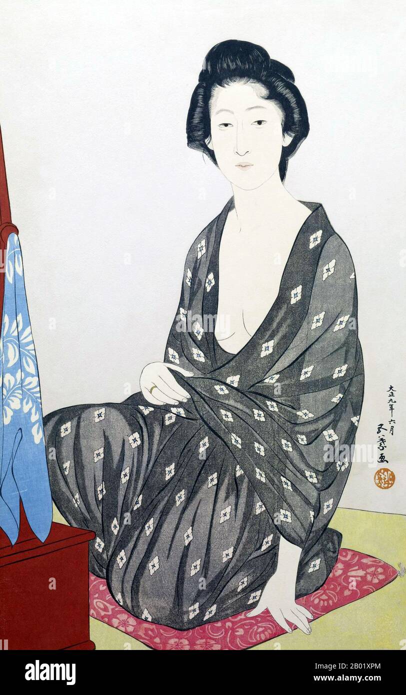 Giappone: "Natsugoromo No onna (donna in un indumento estivo)". Ukiyo-e xilografia di Goyo Hashiguchi (21 dicembre 1880 - 24 febbraio 1921), 1920 circa. Goyō Hashiguchi è stato un pittore e artista giapponese. Hashiguchi è nato Hashiguchi Kiyoshi nella prefettura di Kagoshima. Suo padre Hashiguchi Kanemizu era un samurai e pittore dilettante in stile Shijo. Suo padre assunse un insegnante nello stile Kano di pittura nel 1899, quando Kiyoshi aveva solo dieci anni. Kiyoshi prese il nome di Goyo mentre frequentava la Tokyo School of fine Arts, da cui si laureò al meglio nella sua classe. Foto Stock