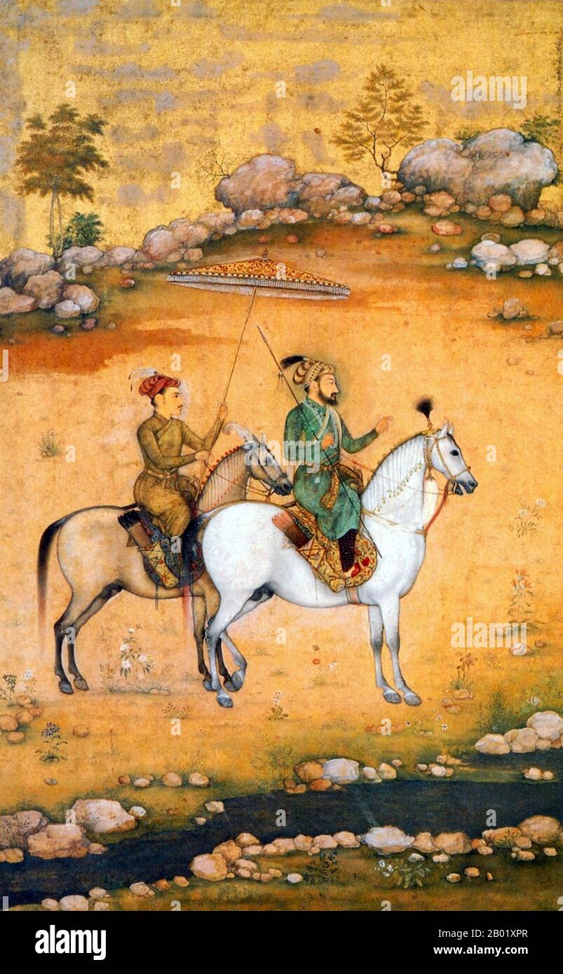 Shahab-ud-din Muhammad Khurram Shah Jahan i (1592 – 1666), o Shah Jahan, dal significato persiano ‘re del mondo’, fu il quinto sovrano di Mughal in India e favorito del suo leggendario nonno Akbar il Grande. È meglio conosciuto per aver commissionato il ‘Phadshahnamah’ come una cronaca del suo regno, e per la costruzione del Taj Mahal ad Agra come tomba per sua moglie, Mumtaz Mahal. Sotto Shah Jahan, l'Impero Mughal raggiunse la sua più alta Unione di forza e magnificenza. L’opulenza della corte di Shah Jahan e del suo famoso trono di Peacock fu la meraviglia di tutti i viaggiatori e gli ambasciatori europei Foto Stock