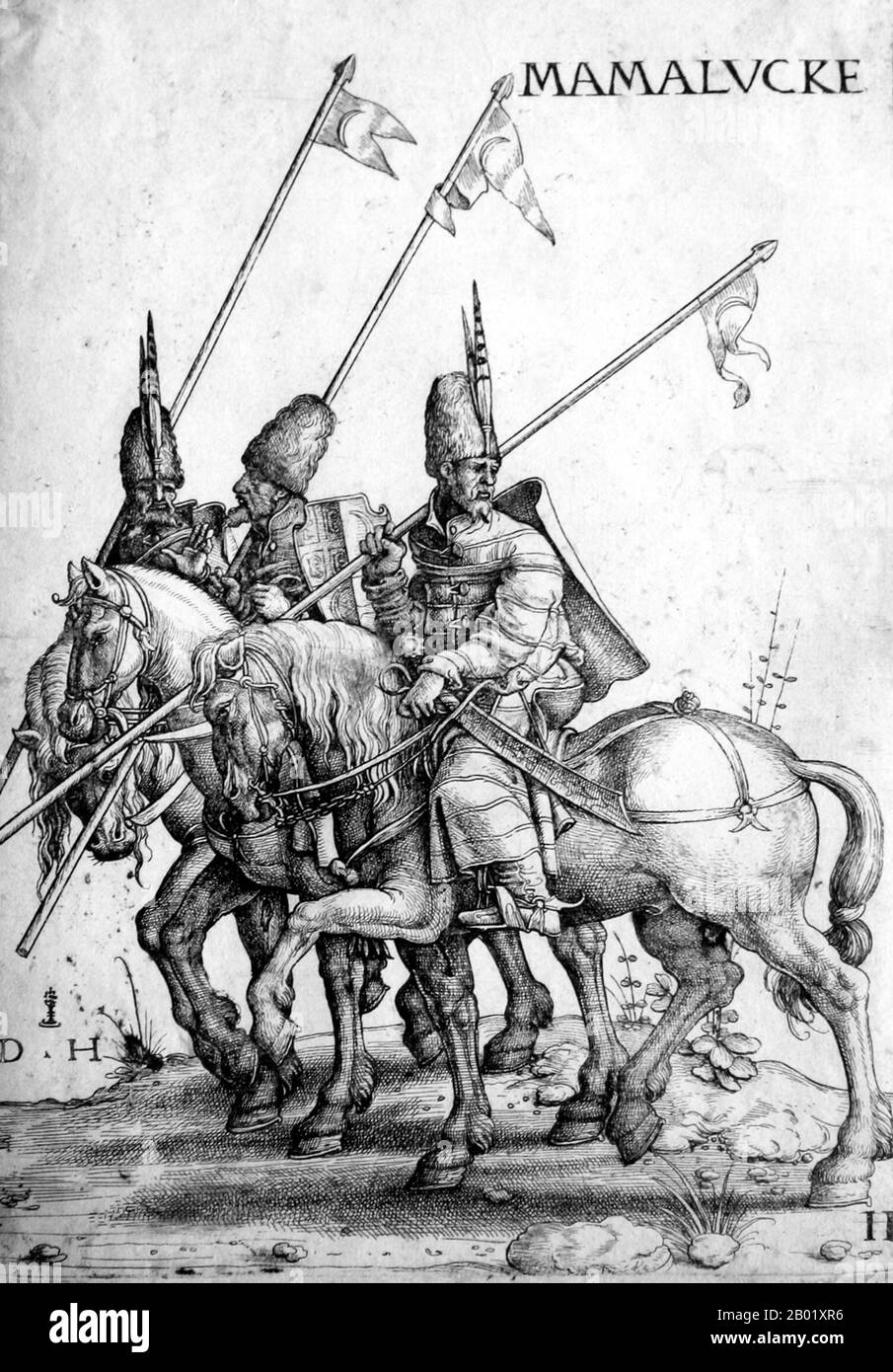 Egitto/Siria: Tre mamelucchi a cavallo che trasportano lance. Incisione di Daniel Hopfer (1470-1536), c. 1526-1536. Mamluk (mamālīk plurale), "posseduto"; chiamato anche Mamlouk, Kölemen, Mamluq, Mamluke, Mameluk, Mameluke, Mamaluke o Marmeluke. Un mamelucco è un soldato di origine schiava, prevalentemente cumano o Kipchak e più tardi circasso e georgiano. Il "fenomeno mamelucco", come David Ayalon definì la creazione della specifica classe guerriera, era di grande importanza politica ed ebbe una vita straordinariamente lunga, durò dal IX al XIX secolo. Col tempo, i mamelucchi divennero una potente casta militare. Foto Stock