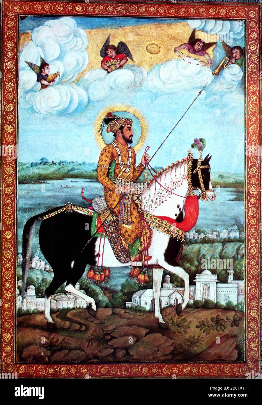 Shahab-ud-din Muhammad Khurram Shah Jahan i (1592 – 1666), o Shah Jahan, dal significato persiano ‘re del mondo’, fu il quinto sovrano di Mughal in India e favorito del suo leggendario nonno Akbar il Grande. È meglio conosciuto per aver commissionato il ‘Phadshahnamah’ come una cronaca del suo regno, e per la costruzione del Taj Mahal ad Agra come tomba per sua moglie, Mumtaz Mahal. Sotto Shah Jahan, l'Impero Mughal raggiunse la sua più alta Unione di forza e magnificenza. L’opulenza della corte di Shah Jahan e del suo famoso trono di Peacock fu la meraviglia di tutti i viaggiatori e gli ambasciatori europei Foto Stock