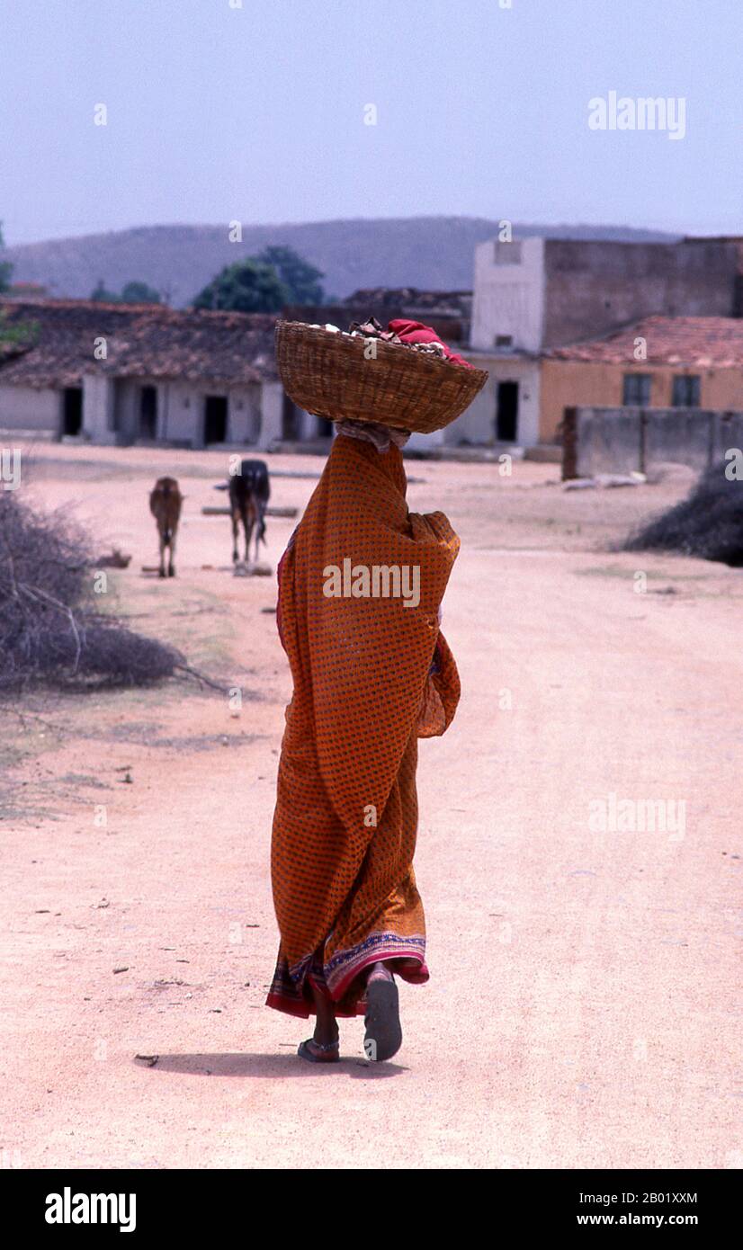 India: Una donna locale di ritorno dal mercato, Khajuraho, Stato del Madhya Pradesh. Durante il X e l'XI secolo, i re Chandella dell'India centrale, le eredi di un potente clan Rajput che rivendicava la luna come loro antenato diretto, costruirono un totale di 85 templi per la gloria di Dio, la creazione e il pantheon indù. I Chandellas erano devoti indù. Eclissati dalla conquista moghul, dall'ascesa di dinastie rivali e dal passare del tempo, i templi languirono sotto il sole duro e le piogge monsoniche dell'India centrale, perdendo gradualmente nella giungla. Foto Stock