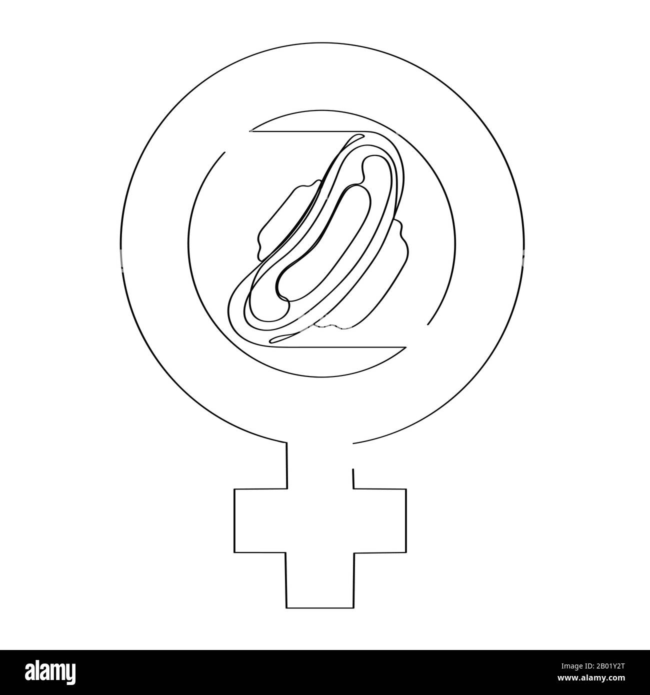 Assorbente igienico inscritto in un segno femmina. Icona a linea singola disegnata a mano. Può essere usato per pubblicizzare il vostro prodotto. Illustrazione del vettore stock isolato. Illustrazione Vettoriale