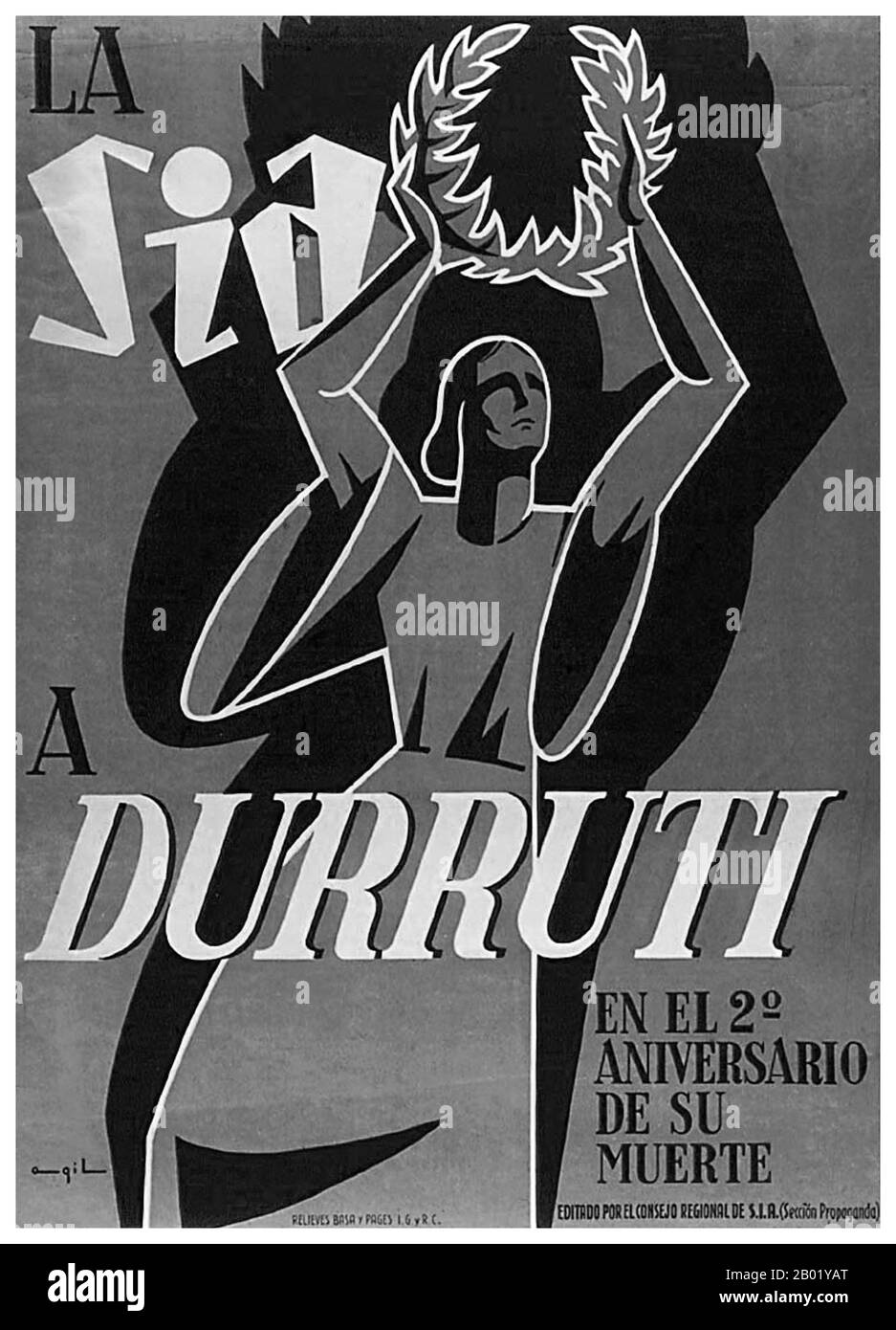 Spagna: Ritratto di Buenaventura Durruti (14 luglio 1896 - 20 novembre 1936), anarco-sindacalista, in occasione del secondo anniversario della sua morte, 1938. José Buenaventura Durruti Dumange fu una figura centrale dell'anarchismo spagnolo durante il periodo che portò alla guerra civile spagnola. L'anarchismo ha storicamente guadagnato più sostegno e influenza in Spagna che altrove, specialmente prima della vittoria di Francisco Franco nella guerra civile spagnola del 1936-1939. Foto Stock