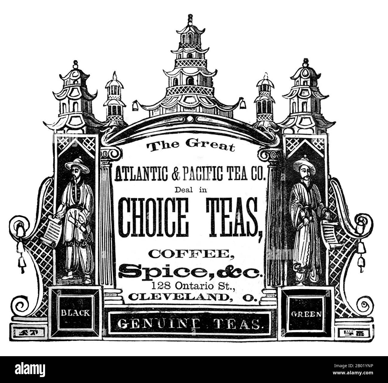 USA: Pubblicità per "The Great Atlantic and Pacific Tea Company", Cleveland, Ohio, c. fine XIX secolo. Il tè è una bevanda aromatica comunemente preparata versando acqua calda bollente sulle foglie stagionate della pianta Camellia sinensis. Il termine si riferisce anche alla pianta stessa. Dopo l'acqua, il tè è la bevanda più consumata al mondo. Ha un sapore fresco, leggermente amaro e astringente che molte persone apprezzano. Il consumo di tè (specialmente verde) è benefico per la salute e la longevità dato il suo contenuto di antiossidanti, flavanoli, flavonoidi, polifenoli e catechine. Foto Stock
