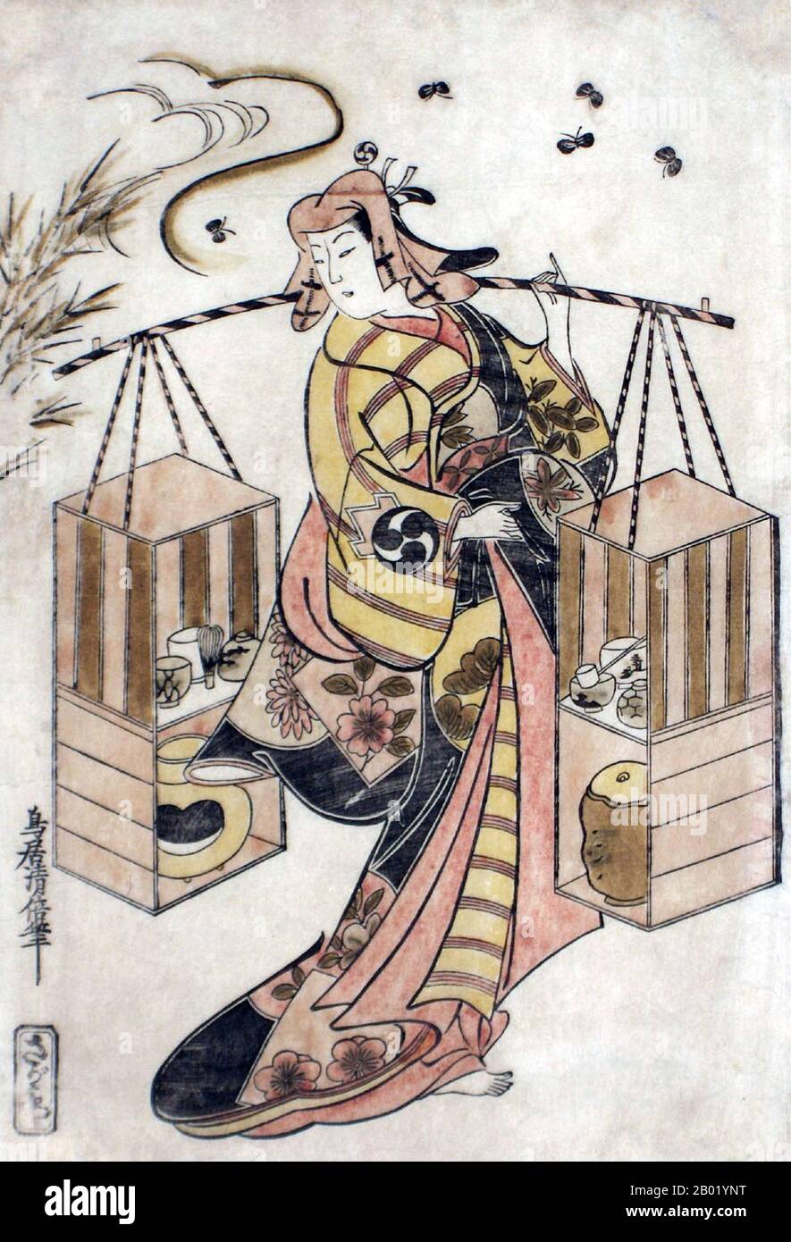 Torii Kiyomasu (鳥居 清倍, c. 1690s - 1720s) è stato un pittore e incisore giapponese della scuola di Torii, nel genere di ukiyo-e.. Come gli altri artisti Torii, il suo obiettivo principale era quello di cartelloni Kabuki, annunci pubblicitari, stampe di attori e altro materiale correlato. Foto Stock