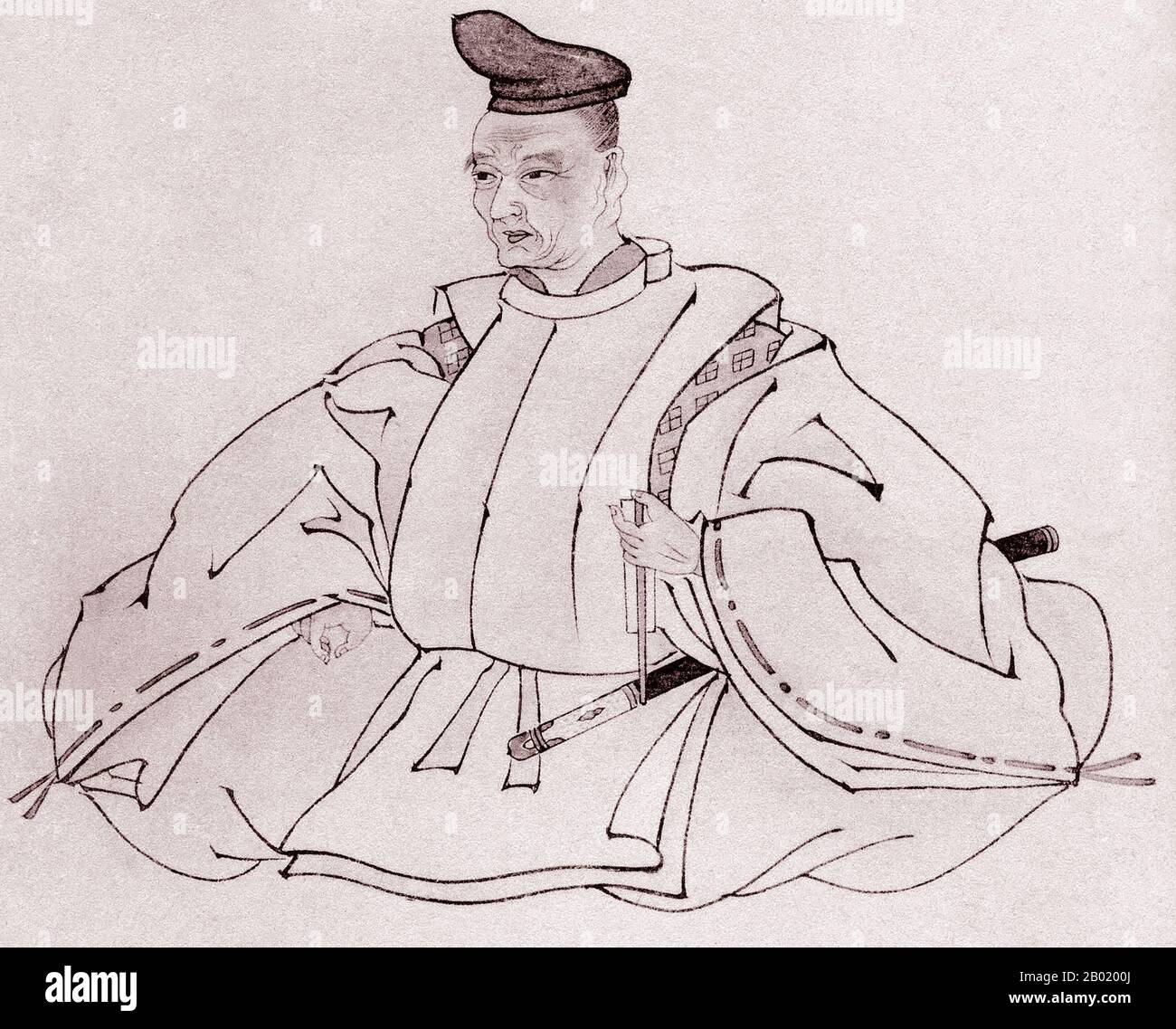 Giappone: Il drammaturgo giapponese Chikamatsu Monzaemon (1653 - 6 gennaio 1725). Disegno a inchiostro, 1939. Chikamatsu Monzaemon (vero nome Sugimori Nobumori) è stato un drammaturgo giapponese di jōruri, una forma di teatro di burattini che in seguito divenne noto come bunraku, e il dramma di attori dal vivo, kabuki. L'Encyclopædia Britannica scrive che è "ampiamente considerato come il più grande drammaturgo giapponese". Le sue opere più importanti riguardano il doppio suicidio degli amanti legati all'onore. Okakura Kakuzo lo descrive come "Shakespeare del Giappone" nel suo classico "il Libro del tè". Foto Stock