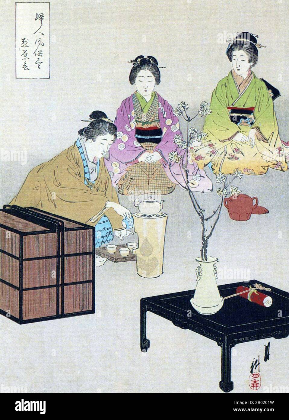 Giappone: Cerimonia del tè e Ikebana. Ukiyo-e Woodblock print di Ogata Gekko (1859 - 1 ottobre 1920), 1888. Ikebana ("fiori viventi") è l'arte giapponese della disposizione dei fiori, nota anche come kadō (la "via dei fiori"). Foto Stock