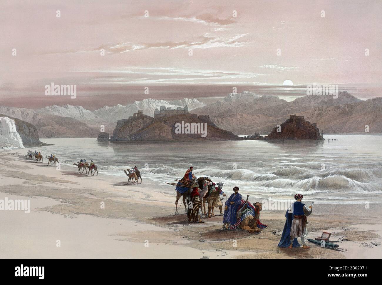 Egitto/Scozia: "Isola di Graia, Golfo di Akabah Arabia Petraea". Litografia di Louis Haghe (1806-1885) da un'illustrazione originale di David Roberts (1796-1864), 1839. L'isola di Graia, conosciuta anche come isola del Faraone e popolarmente come Isola dei Coralli, è un'isola situata nel Golfo di Aqaba, al largo della costa orientale della penisola del Sinai in Egitto. Alcuni studiosi identificano questo porto dell'isola con il biblico Ezion-Geber. Foto Stock