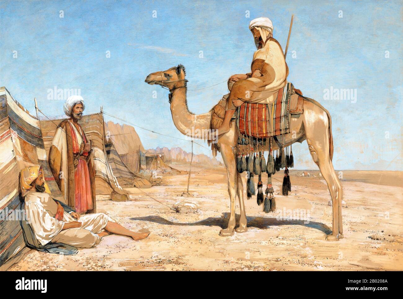 Arabia/Regno Unito: "Un accampamento beduino". Acquerello di John Frederick Lewis (1804-1876), c. 1841-1851. I beduini fanno parte di un gruppo etnico arabo che abita prevalentemente nel deserto tradizionalmente diviso in tribù, o clan, conosciuti in arabo come ʿašāʾir. Il termine "beduino" deriva da una forma plurale della parola araba badawī, in quanto è pronunciata nei dialetti colloquiali. Il termine arabo badawī deriva dalla parola bādiyah, che significa deserto semiarido (al contrario di ṣaḥarāʾ che significa deserto). Foto Stock