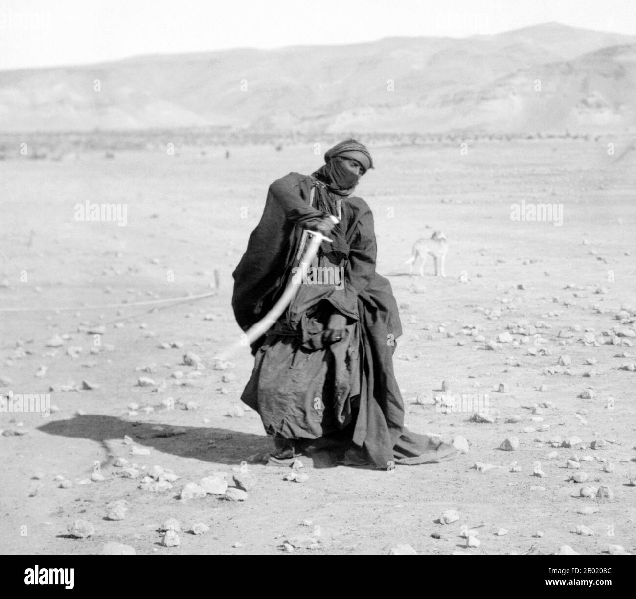Arabia: Una donna beduina che esegue una danza con la spada per un matrimonio, c. 1900-1920. I beduini fanno parte di un gruppo etnico arabo che abita prevalentemente nel deserto tradizionalmente diviso in tribù, o clan, conosciuti in arabo come ʿašāʾir. Il termine "beduino" deriva da una forma plurale della parola araba badawī, in quanto è pronunciata nei dialetti colloquiali. Il termine arabo badawī deriva dalla parola bādiyah, che significa deserto semiarido (al contrario di ṣaḥarāʾ che significa deserto). A partire dalla fine del XIX secolo, molti beduini sotto il dominio britannico iniziarono a transitare verso una vita seminomadica. Foto Stock