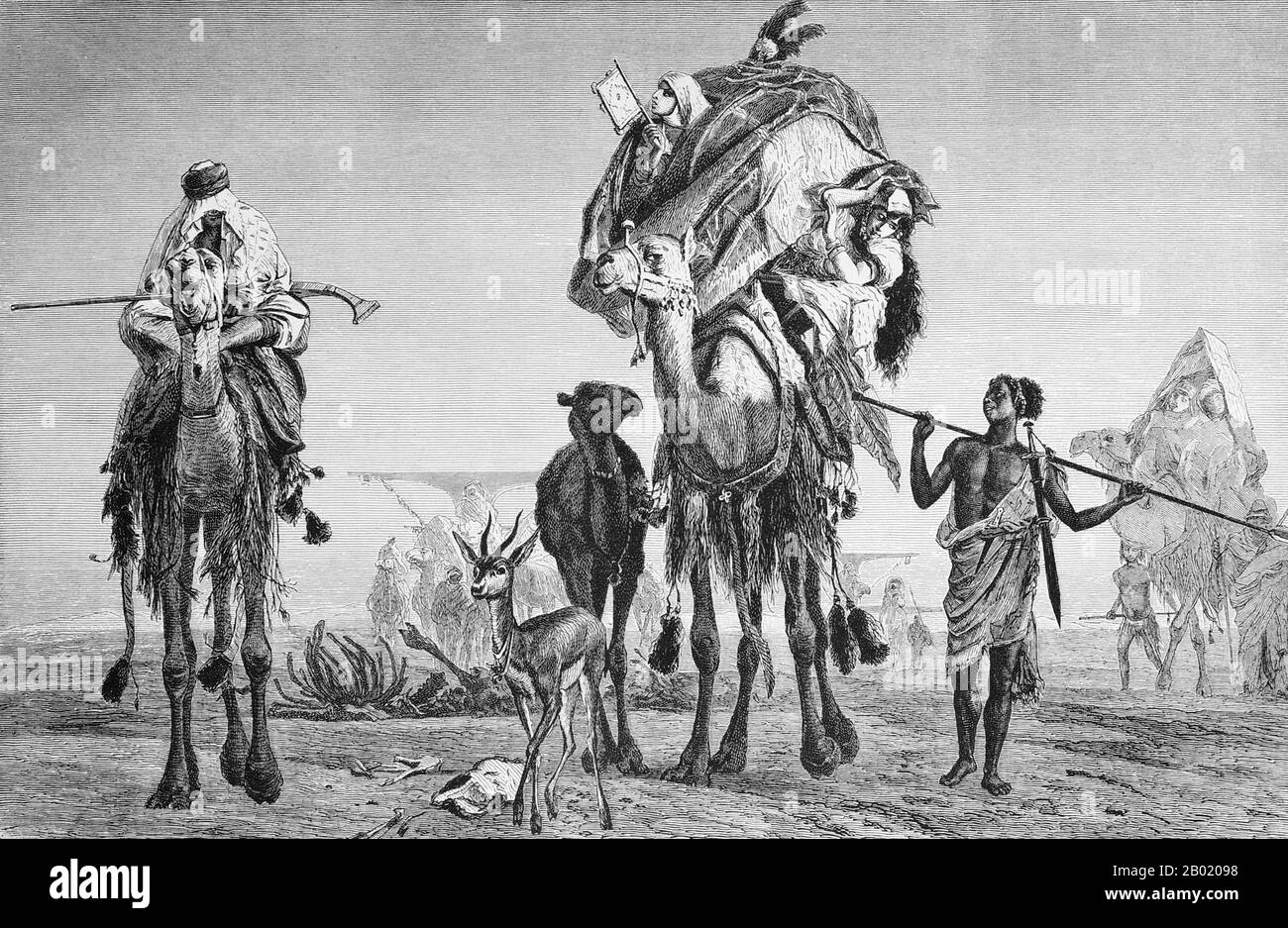 Arabia/Germania: "L'Harem errante di un beduino nel deserto". Incisione dopo un murale di Wilhelm Gentz (1822-1890), 1878. I beduini fanno parte di un gruppo etnico arabo che abita prevalentemente nel deserto tradizionalmente diviso in tribù, o clan, conosciuti in arabo come ʿašāʾir. Il termine "beduino" deriva da una forma plurale della parola araba badawī, in quanto è pronunciata nei dialetti colloquiali. Il termine arabo badawī deriva dalla parola bādiyah, che significa deserto semiarido (al contrario di ṣaḥarāʾ che significa deserto). Foto Stock