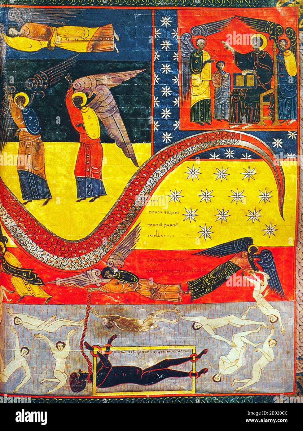 Spagna: La donna e il Drago (recto), il diavolo incatenato all’inferno. Illuminazione dalla versione Beatus of León dell'Apocalisse di Facundus, 1047 d.C. Il Beato di León è un manoscritto miniato dell'XI secolo del commentario dell'Apocalisse di Beato di Liébana (VIII secolo). Il manoscritto fu realizzato per re Ferdinando 1 (1015-1065) e per la regina Sancha di León. Contiene 98 miniature dipinte da Facundus. L'Apocalisse di Giovanni è il Libro dell'Apocalisse, l'ultimo libro del nuovo Testamento. Foto Stock