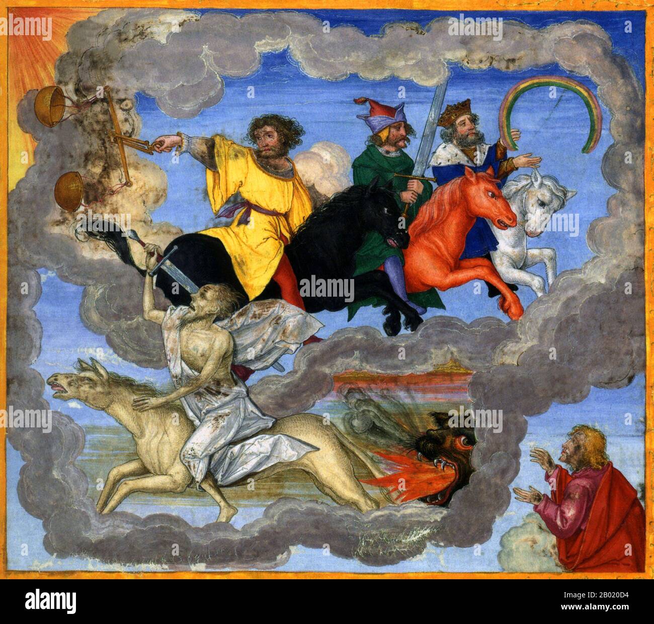 Germania: I quattro cavalieri dell'Apocalisse, Apocalisse 6:1-8. Miniaturizzata miniaturizzata dalla Bibbia di Ottheinrich di Matthias Gerung (1500-1570), c. 1530-1532. La Bibbia di Ottheinrich fu commissionata nel 1425 dalla Corte reale di Baviera. Il manoscritto insolitamente grande non fu completato fino al secolo successivo, quando al pittore e incisore tedesco, Matthias Gerung, furono offerti 60 fiorini renani e abiti invernali per illustrare il testo. La Bibbia porta il nome del benefattore che ha sostenuto il suo completamento. Ottheinrich (1502-1559) fu il principe di Neuburg. Foto Stock