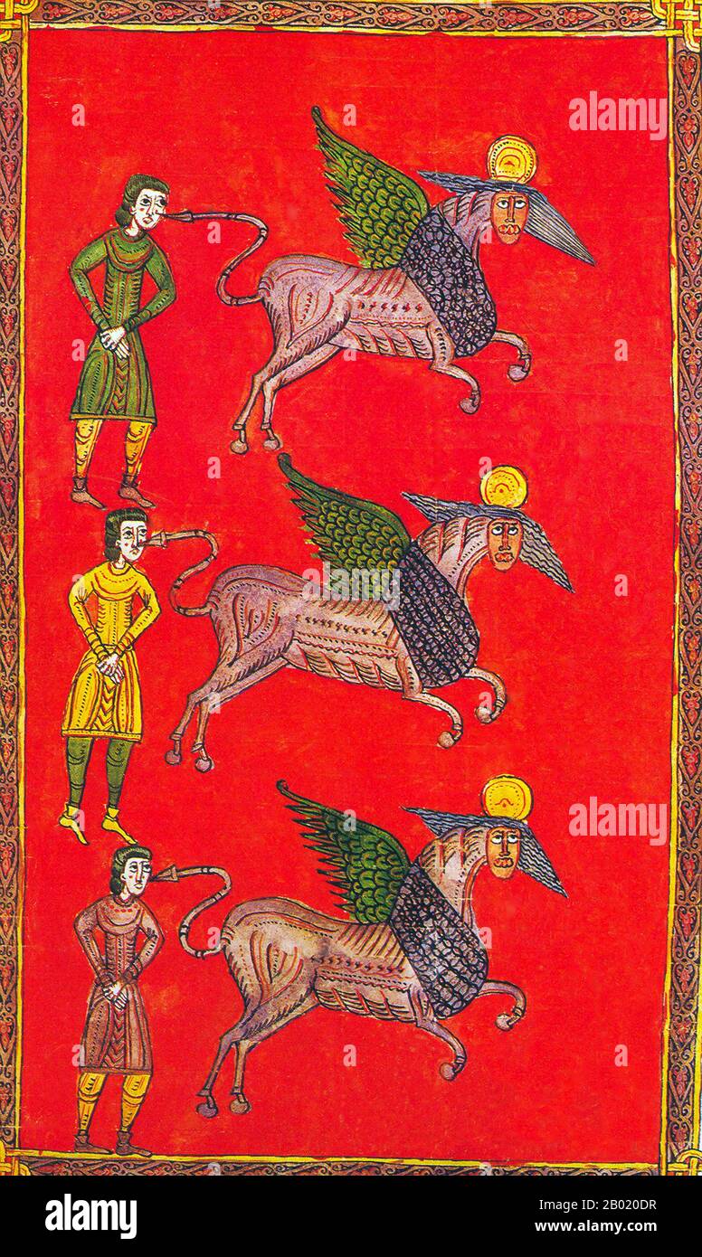 Spagna: La Quinta tromba; i cavalli infernali. Illuminazione dal Beato di El Burgo de Osma di Martinus, 1086 d.C. Il Beato della Cattedrale di El Burgo de Osma fu prodotto nel 1086 e contiene 71 miniature del pittore Martinus. L'Apocalisse di Giovanni è il Libro dell'Apocalisse, l'ultimo libro del nuovo Testamento. Foto Stock