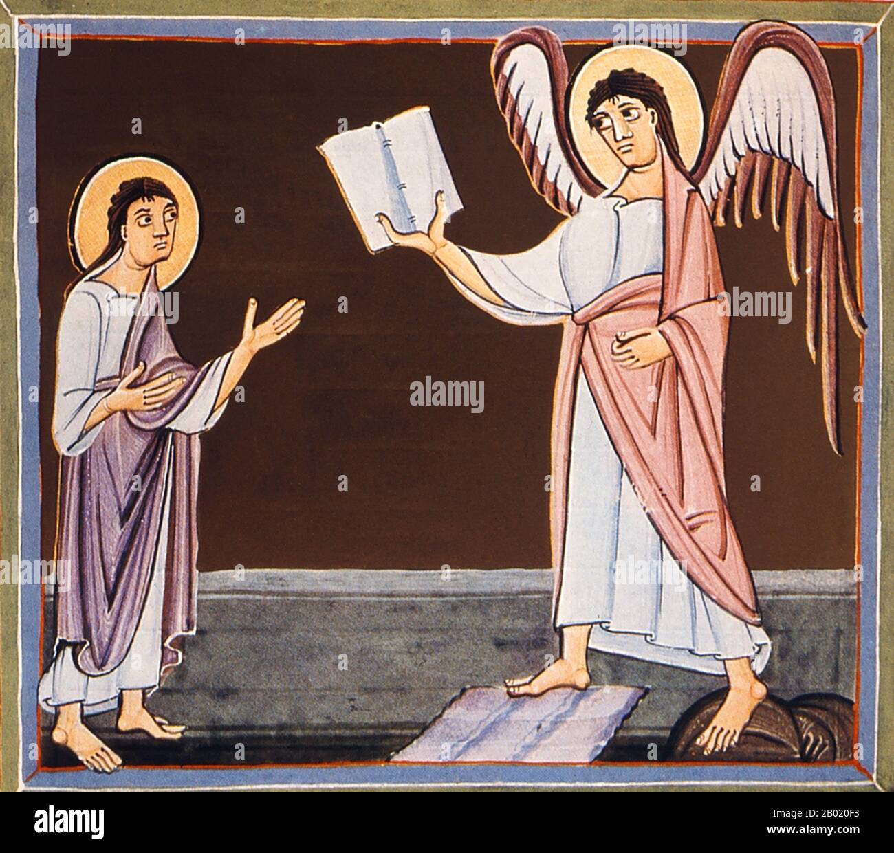 Germania: L'Angelo con il piccolo Libro. Illuminazione dall'Apocalisse di Bamberga, 1000-1020. L'Apocalisse di Bamberga è un manoscritto miniato tematico intorno al Libro dell'Apocalisse di San Giovanni e all'Apocalisse, così come commentari sull'Apocalisse di Beato di Liébana. Si tiene presso la Biblioteca di Stato di Bamberga, in Germania. Fu commissionato da Ottone III (Sacro Romano Imperatore, r. 980-1002) e contiene 57 miniature dorate prodotte nello scriptorium di Reichenau. Foto Stock