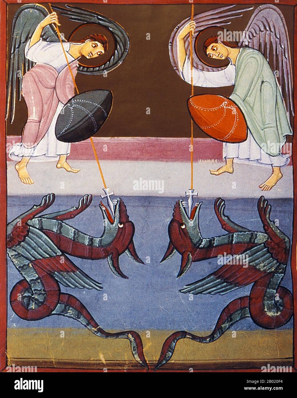 Germania: St. Michael combatte il drago. Illuminazione dall'Apocalisse di Bamberga, 1000-1020. L'Apocalisse di Bamberga è un manoscritto miniato tematico intorno al Libro dell'Apocalisse di San Giovanni e all'Apocalisse, così come commentari sull'Apocalisse di Beato di Liébana. Si tiene presso la Biblioteca di Stato di Bamberga, in Germania. Fu commissionato da Ottone III (Sacro Romano Imperatore, r. 980-1002) e contiene 57 miniature dorate prodotte nello scriptorium di Reichenau. Foto Stock