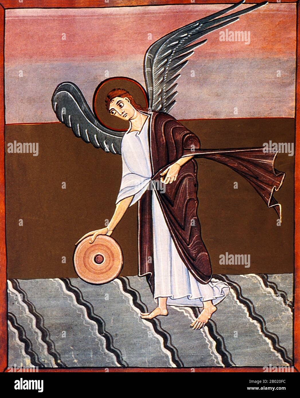 Germania: L'Angelo con una Millstone. Illuminazione dall'Apocalisse di Bamberga, 1000-1020. L'Apocalisse di Bamberga è un manoscritto miniato tematico intorno al Libro dell'Apocalisse di San Giovanni e all'Apocalisse, così come commentari sull'Apocalisse di Beato di Liébana. Si tiene presso la Biblioteca di Stato di Bamberga, in Germania. Fu commissionato da Ottone III (Sacro Romano Imperatore, r. 980-1002) e contiene 57 miniature dorate prodotte nello scriptorium di Reichenau. Foto Stock