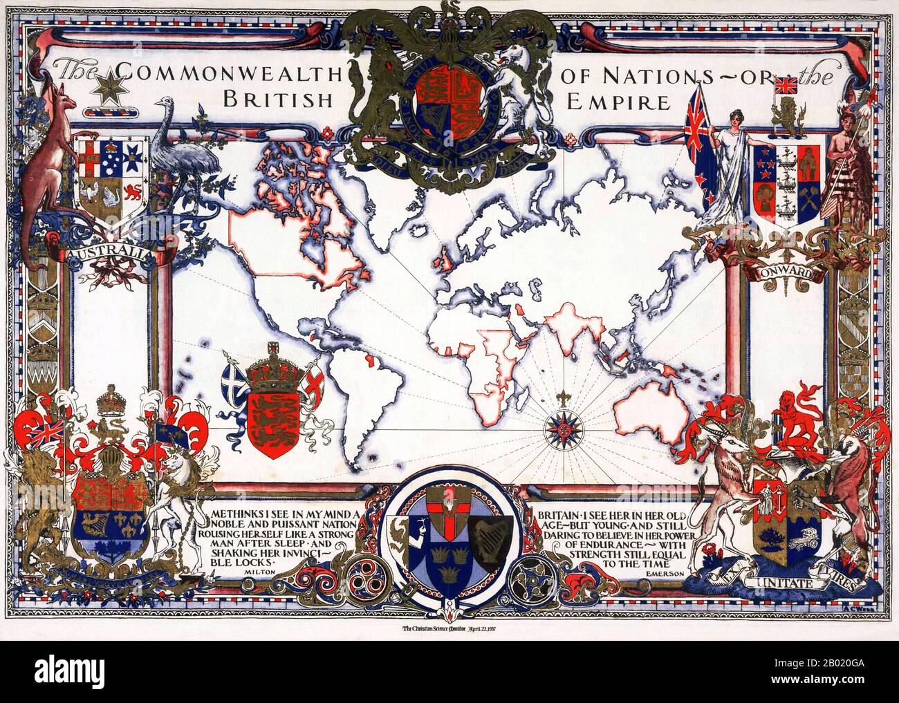Regno Unito: Mappa del mondo che mostra il Commonwealth delle Nazioni o l'Impero britannico, 1937. L'Impero britannico comprendeva i domini, le colonie, i protettorati, i mandati e altri territori governati o amministrati dal Regno Unito. Ha avuto origine con le colonie d'oltremare e le stazioni commerciali istituite dall'Inghilterra tra la fine del XVI e l'inizio del XVII secolo. Al suo apice, fu il più grande impero della storia e, per oltre un secolo, fu la principale potenza globale. Nel 1922 l'Impero britannico dominava circa 458 milioni di persone, un quinto della popolazione mondiale dell'epoca. Foto Stock