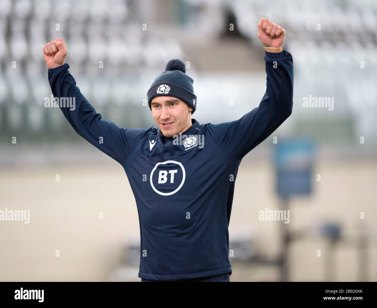 Oriam Sports Center, Campus Riccarton Della Heriot-Watt University, Edimburgo: 18th Febbraio 2020. Scozia rugby sessione di formazione prima della loro partita di Guinness Six Nations contro l'Italia a Roma. Jamie Ritchie in Scozia in azione durante la formazione. Merito: Ian Rutherford/Alamy Live News Foto Stock