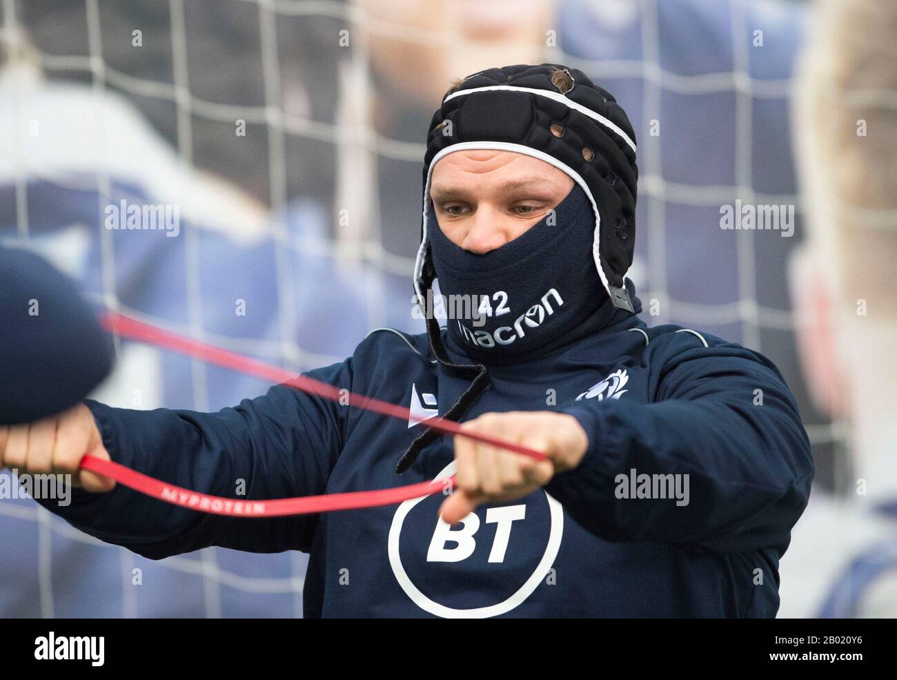 Oriam Sports Center, Campus Riccarton Della Heriot-Watt University, Edimburgo: 18th Febbraio 2020. Scozia rugby sessione di formazione prima della loro partita di Guinness Six Nations contro l'Italia a Roma. Scotland'S George Turner, Credit: Ian Rutherford/Alamy Live News Foto Stock