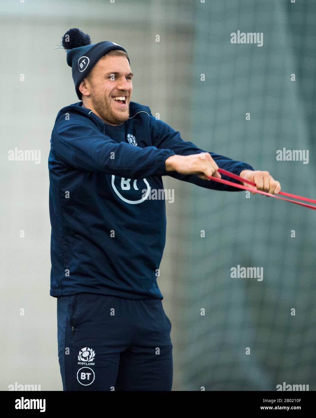 Oriam Sports Center, Campus Riccarton Della Heriot-Watt University, Edimburgo: 18th Febbraio 2020. Scozia rugby sessione di formazione prima della loro partita di Guinness Six Nations contro l'Italia a Roma. Chris Harris Della Scozia. Merito: Ian Rutherford/Alamy Live News Foto Stock