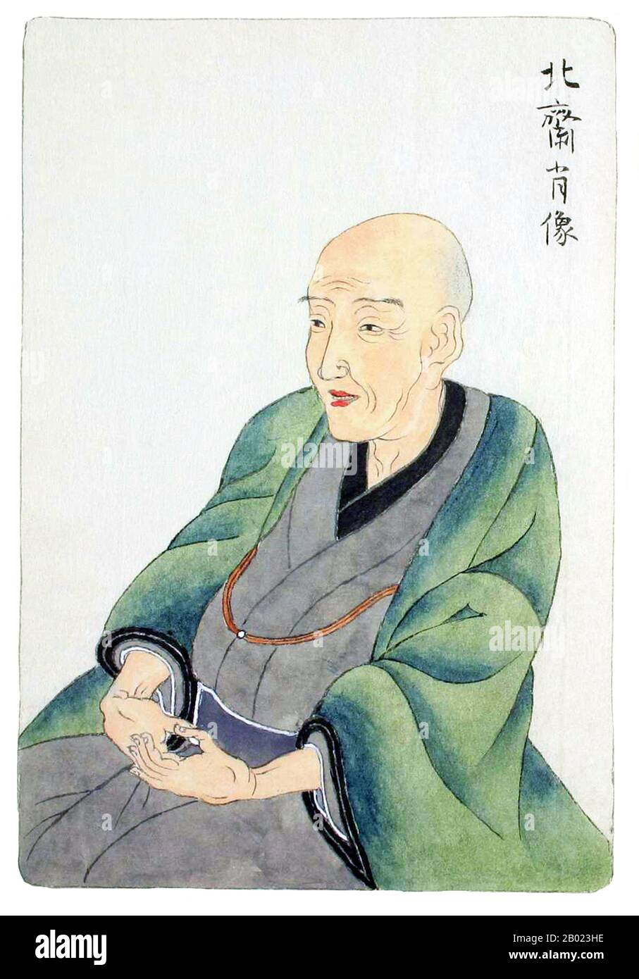 Giappone: Ritratto dell'artista e maestro ukiyo-e Katsushika Hokusai (31 ottobre 1760 - 10 maggio 1849). Dipinto di Keisai Eisen (1791-1848), c. 1840 Katsushika Hokusai è stata un'artista giapponese, pittore ukiyo-e e incisore del periodo Edo. Fu influenzato da pittori come Sesshu e da altri stili di pittura cinese. Nato a Edo (ora Tokyo), Hokusai è meglio conosciuto come autore della serie di stampe in legno Thirty-Six Views of Mount Fuji (c. 1831) che include la stampa riconosciuta a livello internazionale, The Great Wave Off Kanagawa, creata durante gli anni '1820 Foto Stock
