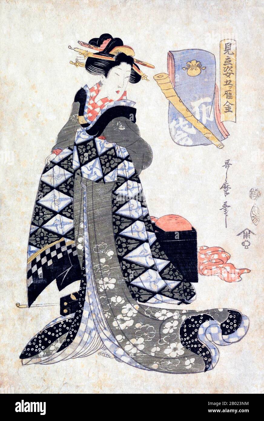 Kitagawa Utamaro (ca. 1753 - 31 ottobre 1806) è stato un pittore giapponese, considerato uno dei più grandi artisti di stampe in legno (ukiyo-e). È conosciuto soprattutto per i suoi studi magistralmente composti di donne, noto come bijinga. Ha anche prodotto studi sulla natura, particolarmente illustrati libri di insetti. Dopo la morte di Utamaro, il suo allievo, Koikawa Shunchō, continuò a produrre stampe nello stile del suo mentore e prese il controllo della gō, Utamaro, fino al 1820. Queste stampe, prodotte durante quel periodo di quattordici anni come se Utamaro fosse l'artista, ora sono chiamate opera di Ut Foto Stock