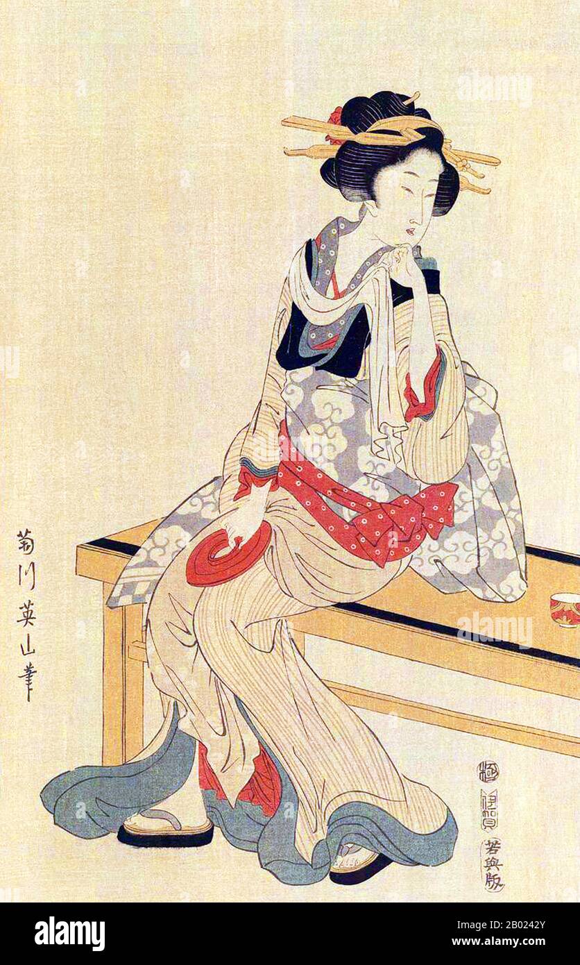 Giappone: 'A Beautiful Waitress/Jewel River of IDE' Ukiyo-e Woodblock print from the series 'Six Views of the Tama River' di Kikugawa Eizan (1787-1867), c. 1811-1813. Kikukawa Eizan è stato un designer giapponese di legno che per primo ha studiato il mestiere sotto suo padre, Eiji. Ha anche studiato con il famoso artista ukiyo-e Totoya Hokkei. Inizialmente era famoso per le sue stampe in legno di Beautiful Woman (bijin, bijin-ga), negli anni '1830, ma poi passò dalla stampa alla pittura. Foto Stock