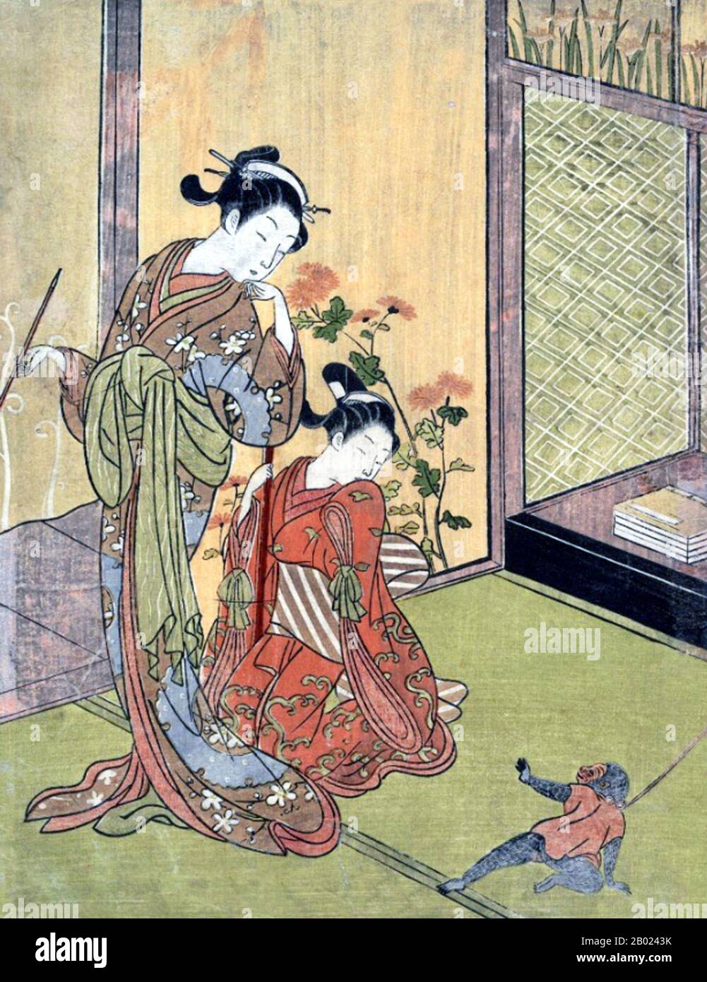 Giappone: "Two Girls Looking at a Monkey on a Leash". Ukiyo-e xilografia di Suzuki Harunobu (1724-1770) c. 1765-1770. Suzuki Harunobu è stato un artista giapponese di xilografie, uno dei più famosi nello stile Ukiyo-e. Fu un innovatore, il primo a produrre stampe a colori (nishiki-e) nel 1765, rendendo obsolete le precedenti modalità di stampa a due e tre colori. Harunobu utilizzò molte tecniche speciali e raffigurò un'ampia varietà di soggetti, dalle poesie classiche alle bellezze contemporanee (bijin, bijin-ga). Foto Stock