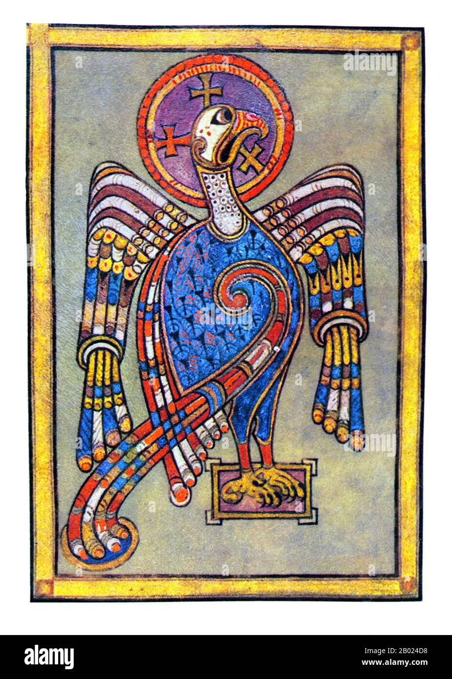 Irlanda/Scozia: Dettaglio, i simboli evangelici. San Giovanni come un'aquila. Contr. 27 V. il Libro di Kells, c. 800 d.C. Il Libro di Kells (irlandese: Leabhar Cheanannais) (Dublino, Trinity College Library, MS A. I. (58), noto anche come il Libro di Columba) è un manoscritto miniato evangelico in latino, contenente i quattro Vangeli del nuovo Testamento insieme a vari testi e tabelle prefatori. Fu creato dai monaci celtici intorno al 800 o poco prima. Il testo dei Vangeli è in gran parte tratto dalla Vulgata, anche se include anche diversi passaggi tratti da versioni precedenti della Bibbia. Foto Stock