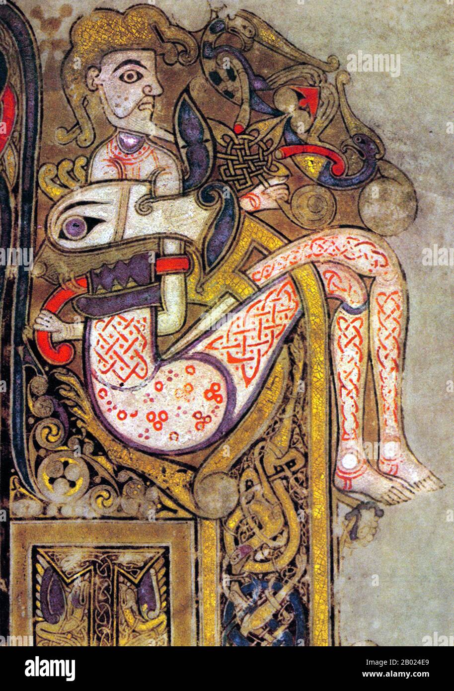 Irlanda/Scozia: Dettaglio, le parole iniziali del Vangelo di San Marco. Contr. 130 R. The Book of Kells, c. 800 d.C. Il Libro di Kells (irlandese: Leabhar Cheanannais) (Dublino, Trinity College Library, MS A. I. (58), a volte noto come il Libro di Columba) è un manoscritto miniato evangelico in latino, contenente i quattro Vangeli del nuovo Testamento insieme a vari testi e tabelle prefatori. Fu creato dai monaci celtici intorno al 800 o poco prima. Il testo dei Vangeli è in gran parte tratto dalla Vulgata, anche se include anche diversi passaggi tratti da versioni precedenti della Bibbia. Foto Stock