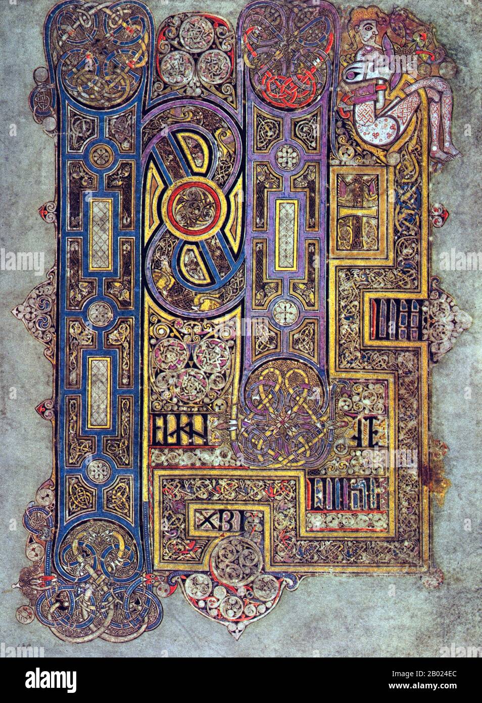 Irlanda/Scozia: Le parole iniziali del Vangelo di San Marco. Contr. 130 R. The Book of Kells, c. 800 d.C. Il Libro di Kells (irlandese: Leabhar Cheanannais) (Dublino, Trinity College Library, MS A. I. (58), a volte noto come il Libro di Columba) è un manoscritto miniato evangelico in latino, contenente i quattro Vangeli del nuovo Testamento insieme a vari testi e tabelle prefatori. Fu creato dai monaci celtici intorno al 800 o poco prima. Il testo dei Vangeli è in gran parte tratto dalla Vulgata, anche se include anche diversi passaggi tratti da versioni precedenti della Bibbia. Foto Stock