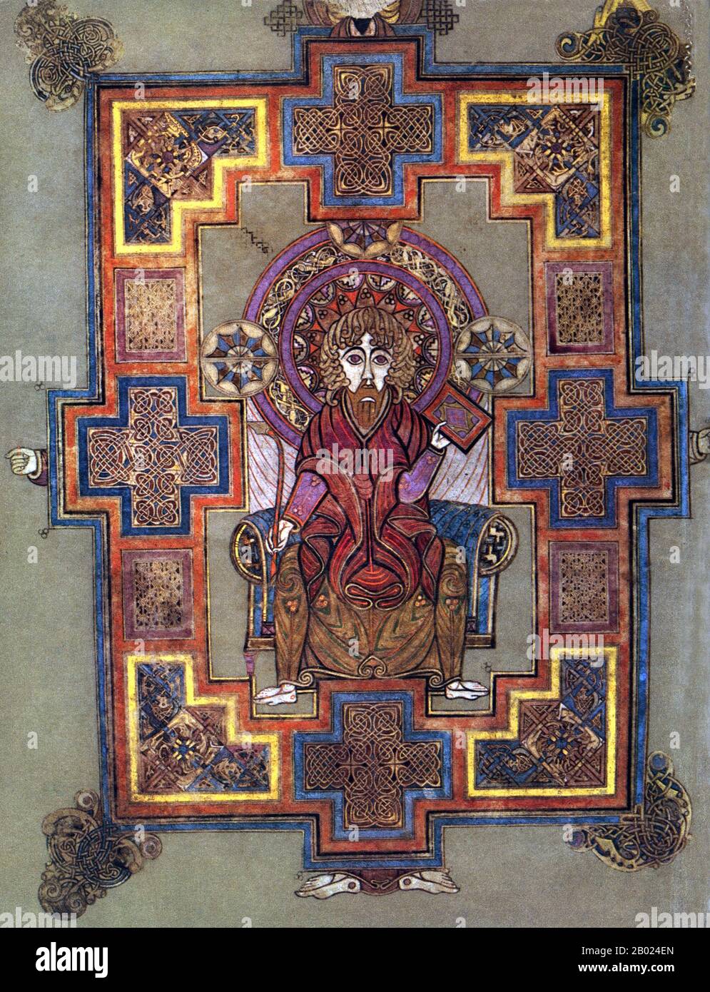 Irlanda/Scozia: The Book of Kells, c. 800. Ritratto di San Giovanni Evangelista. Folio 291, verso. Il Libro di Kells (irlandese: Leabhar Cheanannais) (Dublino, Trinity College Library, MS A. I. (58), a volte noto come il Libro di Columba) è un manoscritto miniato evangelico in latino, contenente i quattro Vangeli del nuovo Testamento insieme a vari testi e tabelle prefatori. Fu creato dai monaci celtici intorno al 800 o poco prima. Il testo dei Vangeli è in gran parte tratto dalla Vulgata, anche se include anche diversi passaggi tratti da versioni precedenti della Bibbia. Foto Stock