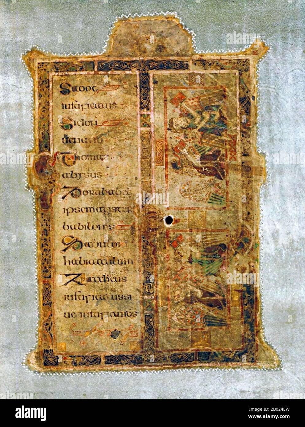 Irlanda/Scozia: Una pagina del canone eusabiano. Il Libro di Kells, c. 800 d.C. Il Libro di Kells (irlandese: Leabhar Cheanannais) (Dublino, Trinity College Library, MS A. I. (58), a volte noto come il Libro di Columba) è un manoscritto miniato evangelico in latino, contenente i quattro Vangeli del nuovo Testamento insieme a vari testi e tabelle prefatori. Fu creato dai monaci celtici intorno al 800 o poco prima. Il testo dei Vangeli è in gran parte tratto dalla Vulgata, anche se include anche diversi passaggi tratti dalle versioni precedenti della Bibbia nota come Vetus Latina. Foto Stock
