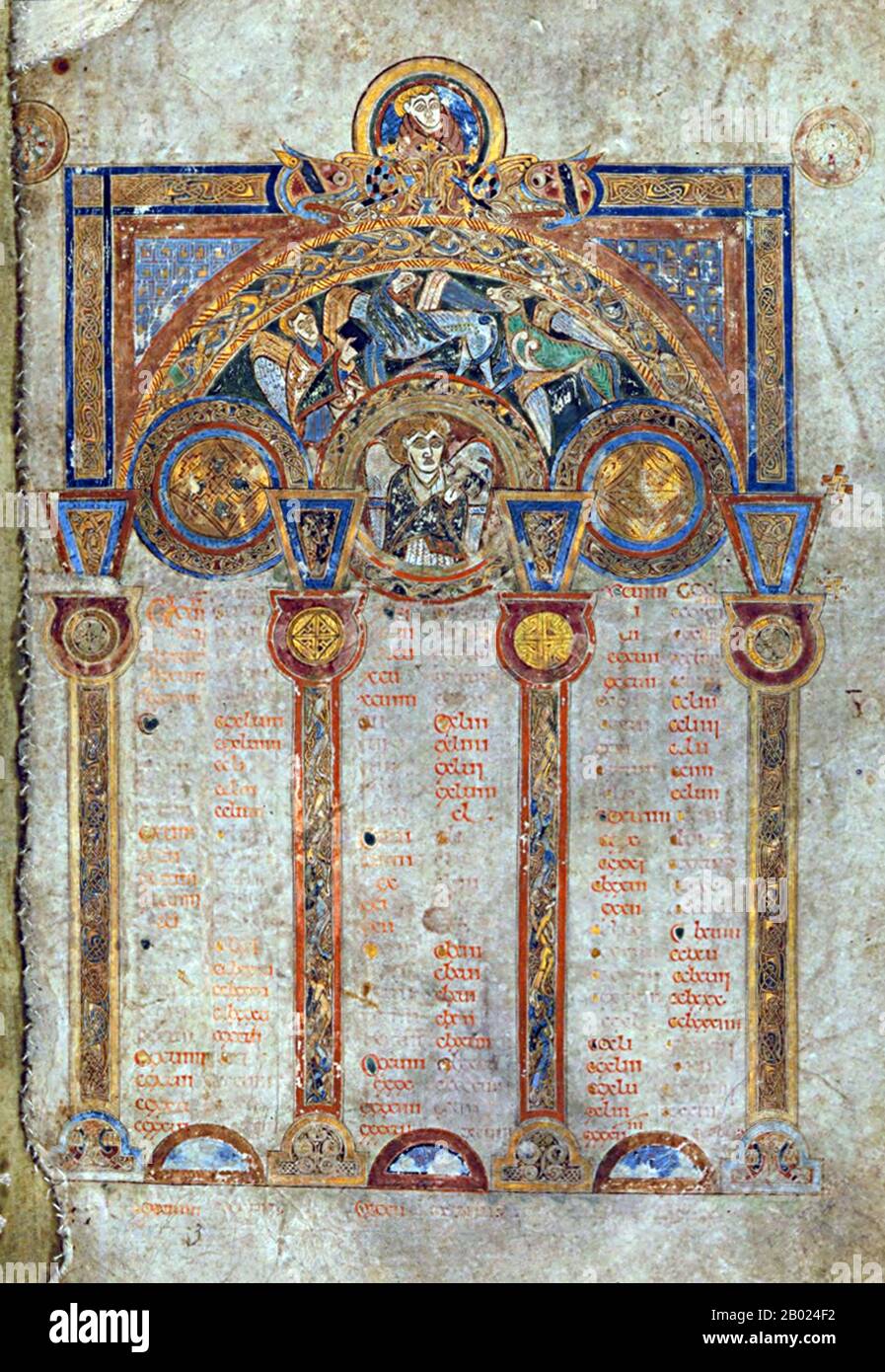 Irlanda/Scozia: Una pagina del canone eusabiano. Il Libro di Kells, c. 800 d.C. Il Libro di Kells (irlandese: Leabhar Cheanannais) (Dublino, Trinity College Library, MS A. I. (58), a volte noto come il Libro di Columba) è un manoscritto miniato evangelico in latino, contenente i quattro Vangeli del nuovo Testamento insieme a vari testi e tabelle prefatori. Fu creato dai monaci celtici intorno al 800 o poco prima. Il testo dei Vangeli è in gran parte tratto dalla Vulgata, anche se include anche diversi passaggi tratti dalle versioni precedenti della Bibbia nota come Vetus Latina. Foto Stock