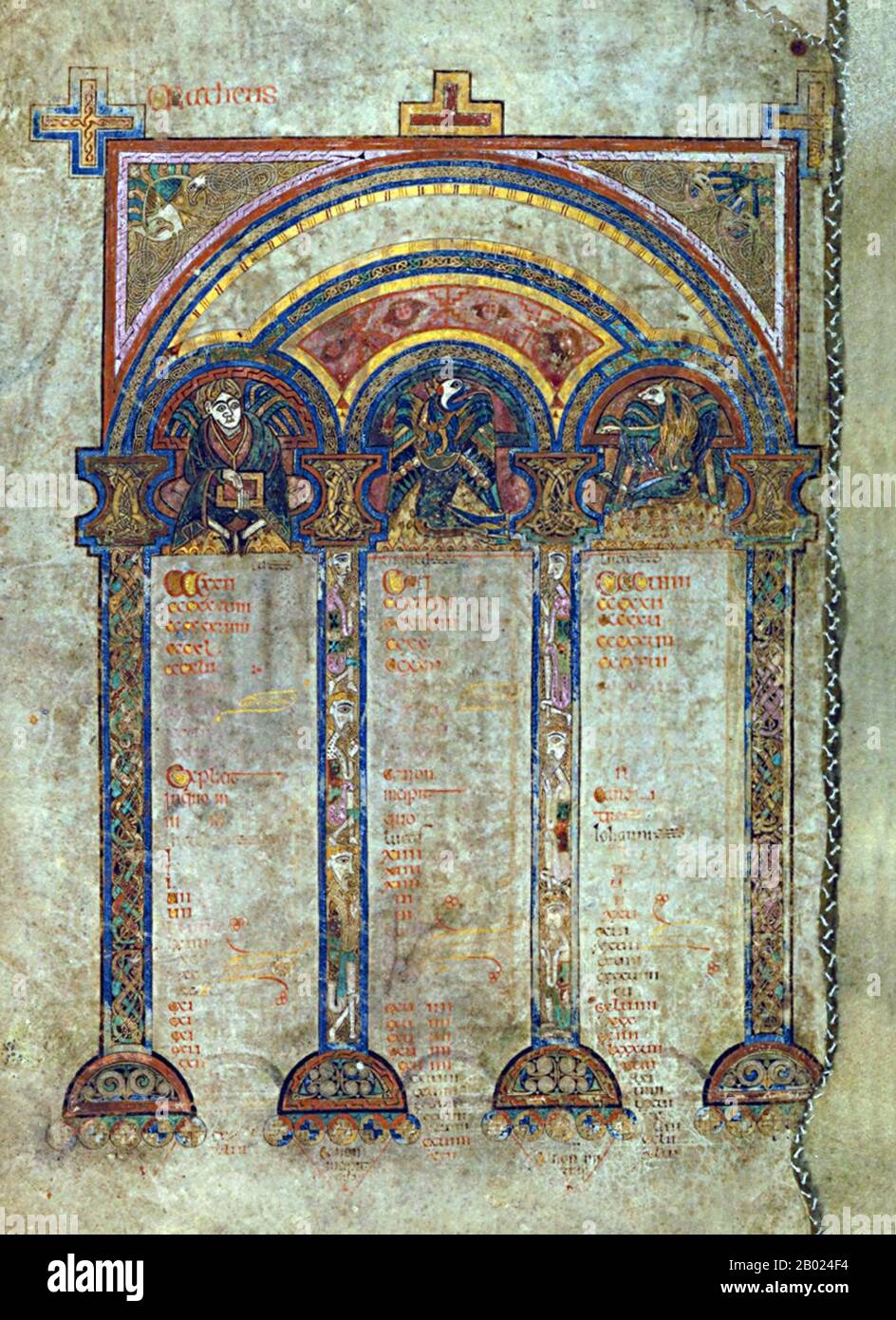 Irlanda/Scozia: Una pagina del canone eusabiano. Il Libro di Kells, c. 800 d.C. Il Libro di Kells (irlandese: Leabhar Cheanannais) (Dublino, Trinity College Library, MS A. I. (58), a volte noto come il Libro di Columba) è un manoscritto miniato evangelico in latino, contenente i quattro Vangeli del nuovo Testamento insieme a vari testi e tabelle prefatori. Fu creato dai monaci celtici intorno al 800 o poco prima. Il testo dei Vangeli è in gran parte tratto dalla Vulgata, anche se include anche diversi passaggi tratti dalle versioni precedenti della Bibbia nota come Vetus Latina. Foto Stock